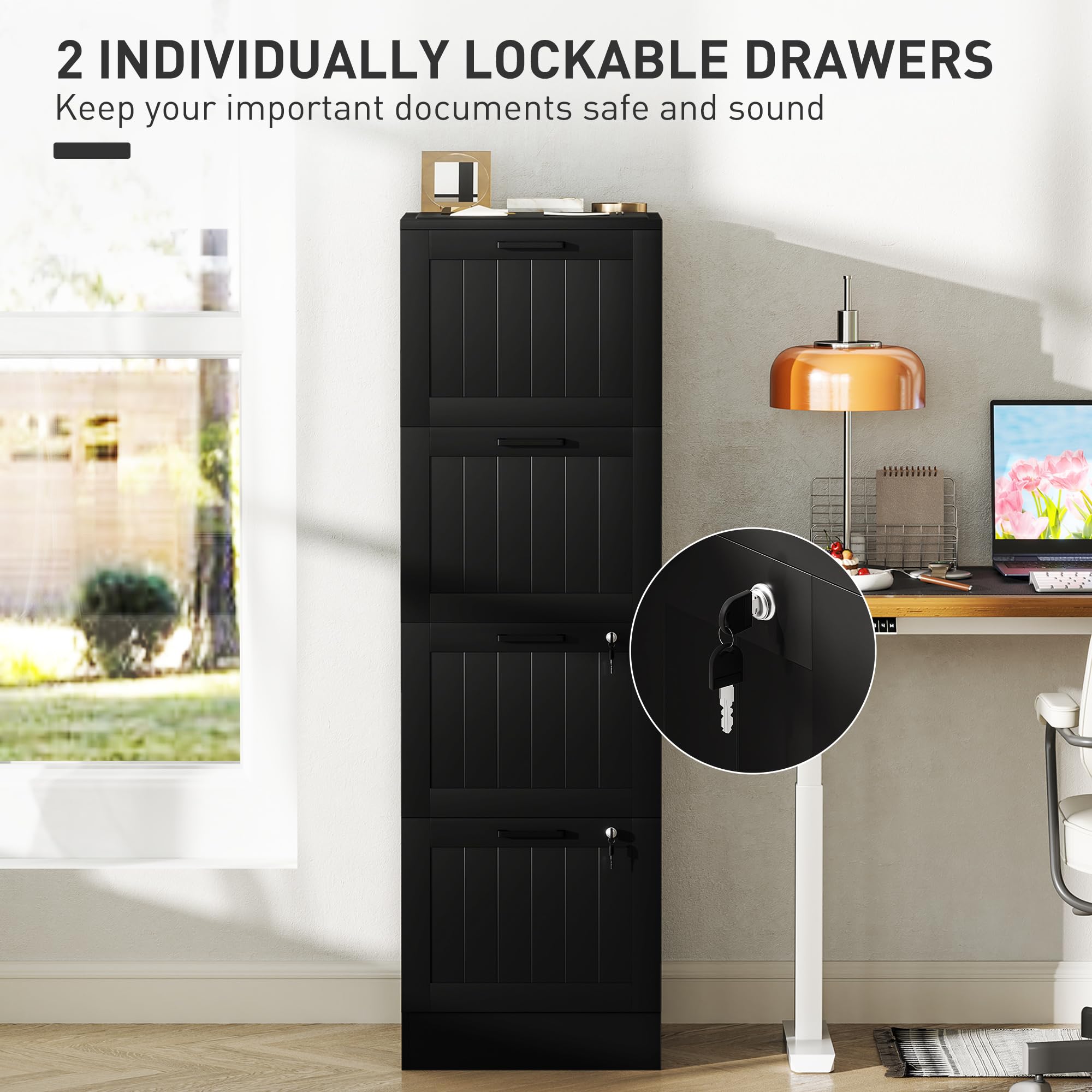 HOMCOM Classeur 4 tiroirs avec Rail réglable, 2 clés et 2 serrures, classeur de Bureau en MDF pour dossiers A4 et Lettre, 40x40x131 cm, Noir