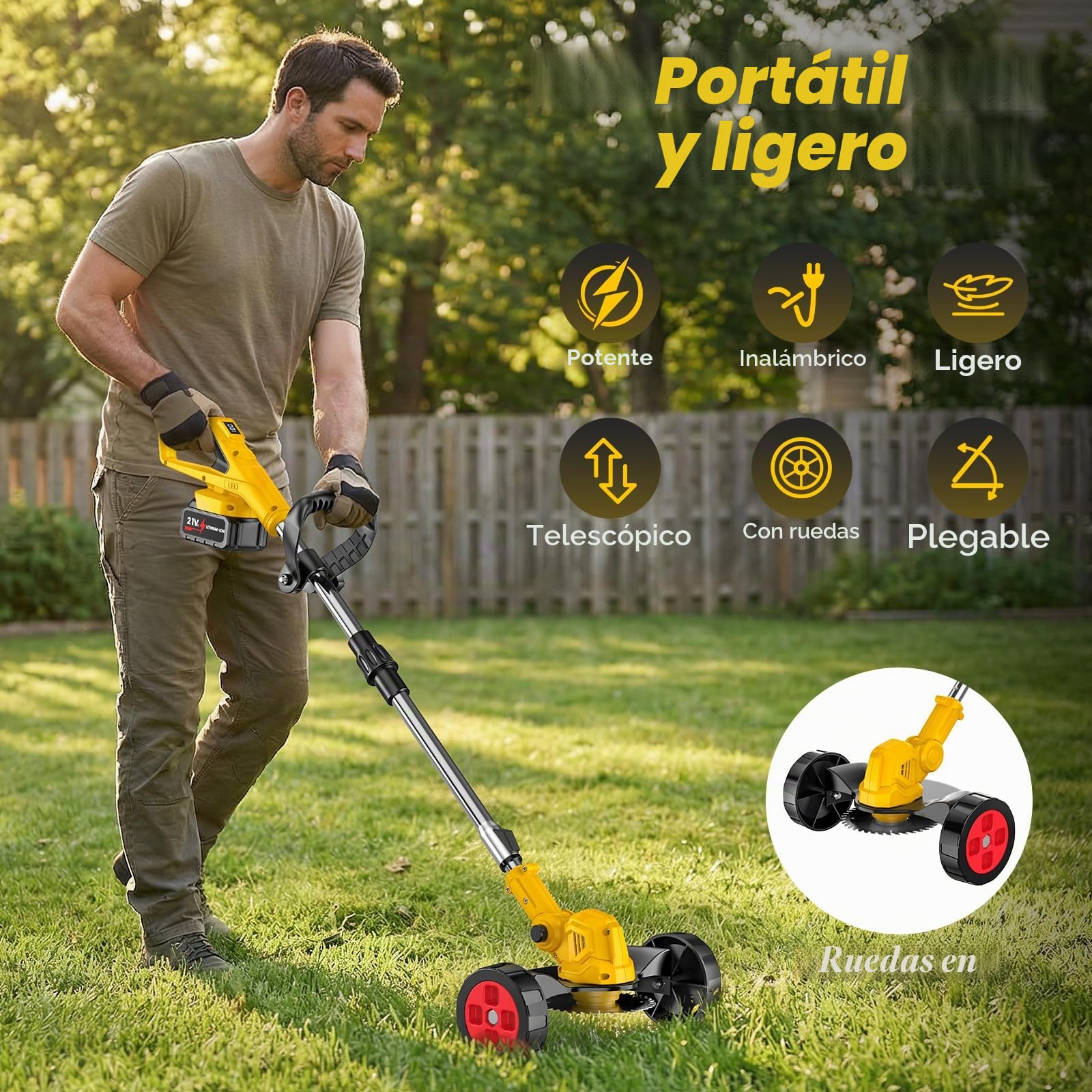 Desbrozadora Batería Plegable 21V, Cortadora de Césped Eléctrica 3 en 1 con 2 baterías, Ruedas, 12 Cuchillas, Cabezal 90°, Altura Ajustable para Jardín y Césped