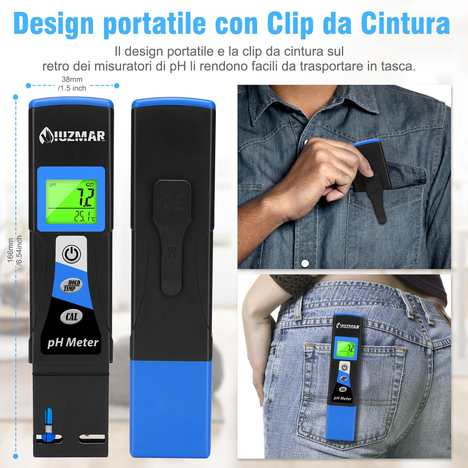 UIUZMAR Misuratore pH Piscina, Misura pH e Temperatura dell'acqua, pHmetro Acquario, Misuratore pH Elettronico per Jacuzzi, Acquario, Spa, Acqua Potabile, Idroponica
