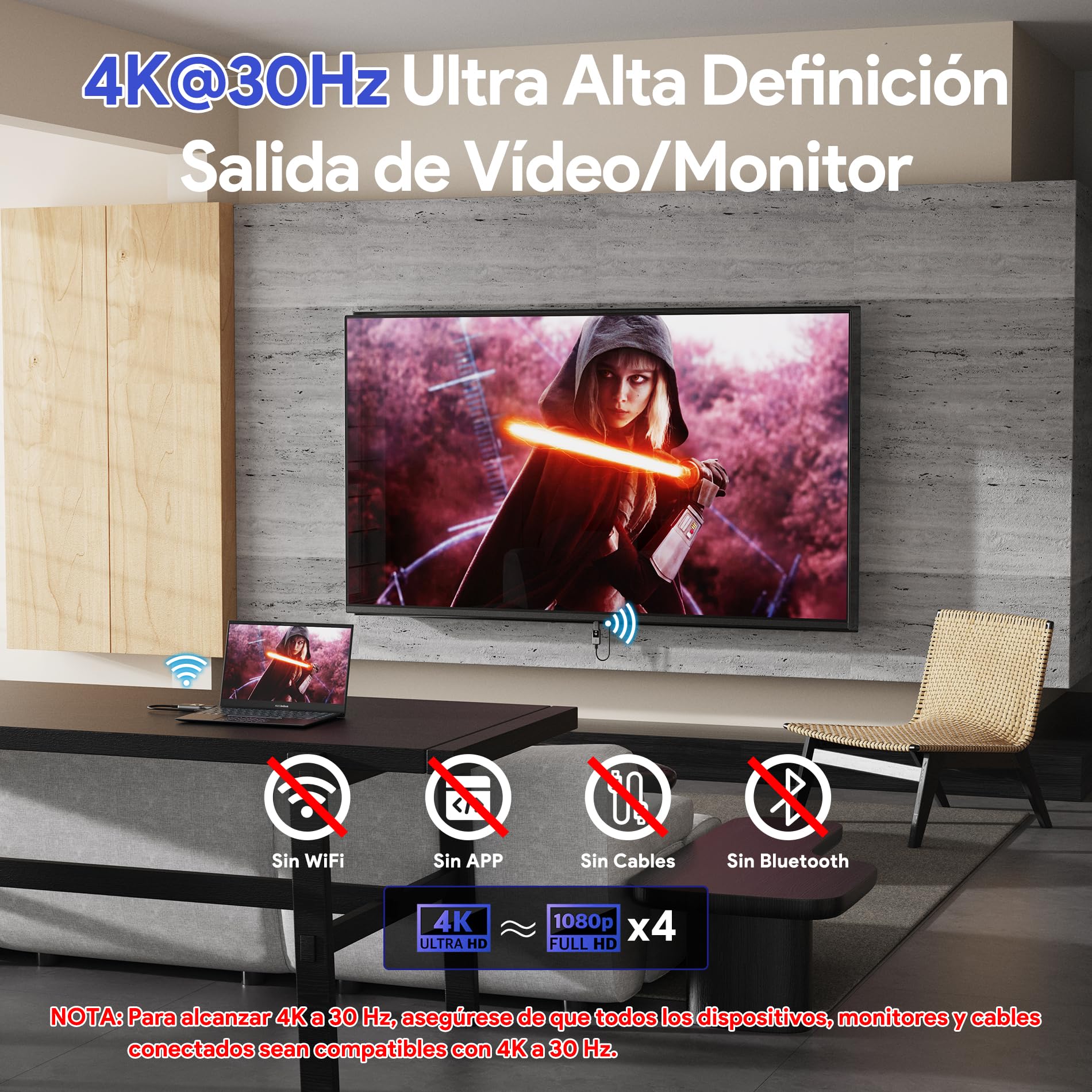 4K@30Hz Wireless HDMI Transmisor y Receptor, 2.4G/5.8G HDMI Sender Extender