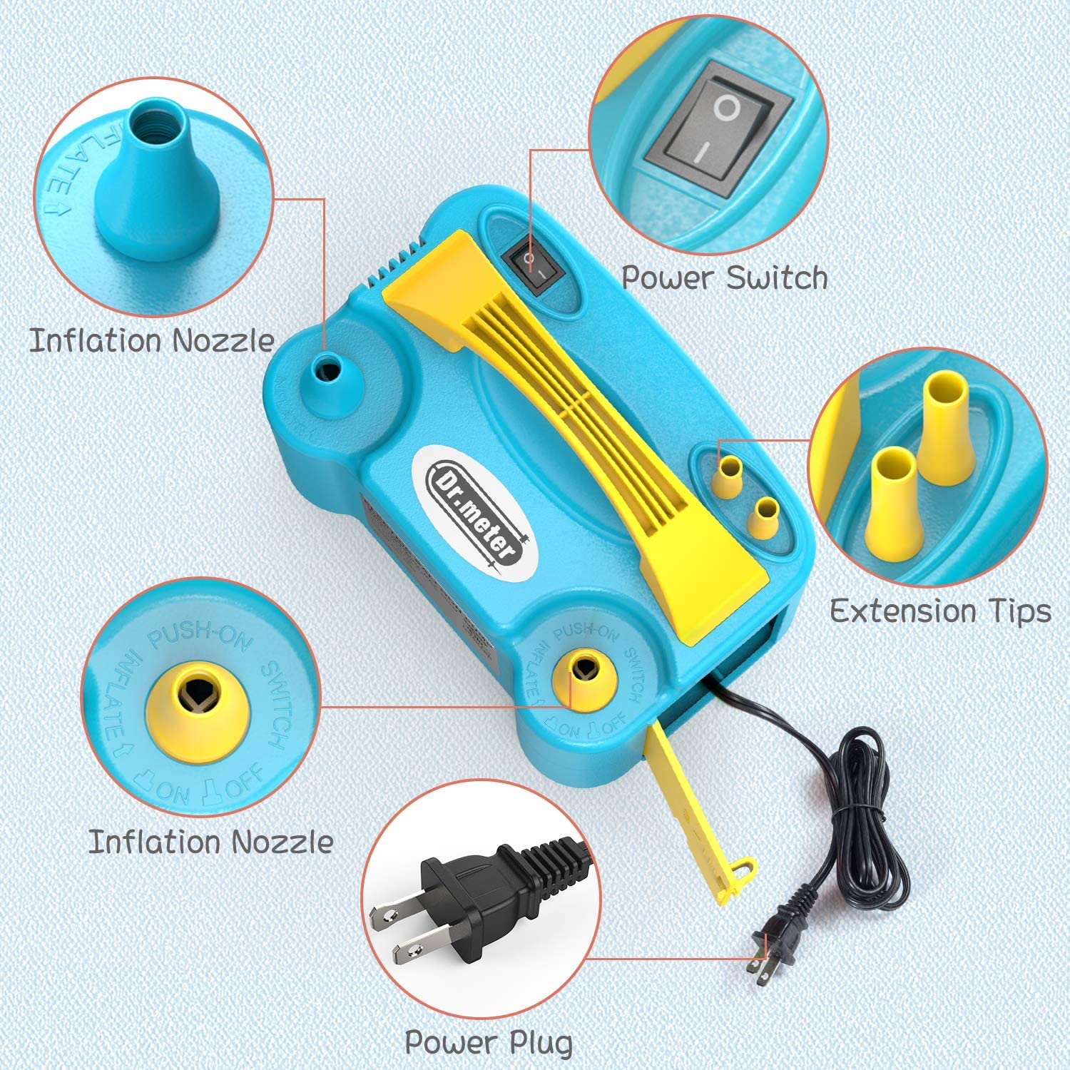 Dr.meter Elektryczna pompka do balonów, 600 W, z podwójną dyszą, dmuchawa do pompowania, przenośna, elektryczna pompka do balonów, na imprezę, wesele, urodziny