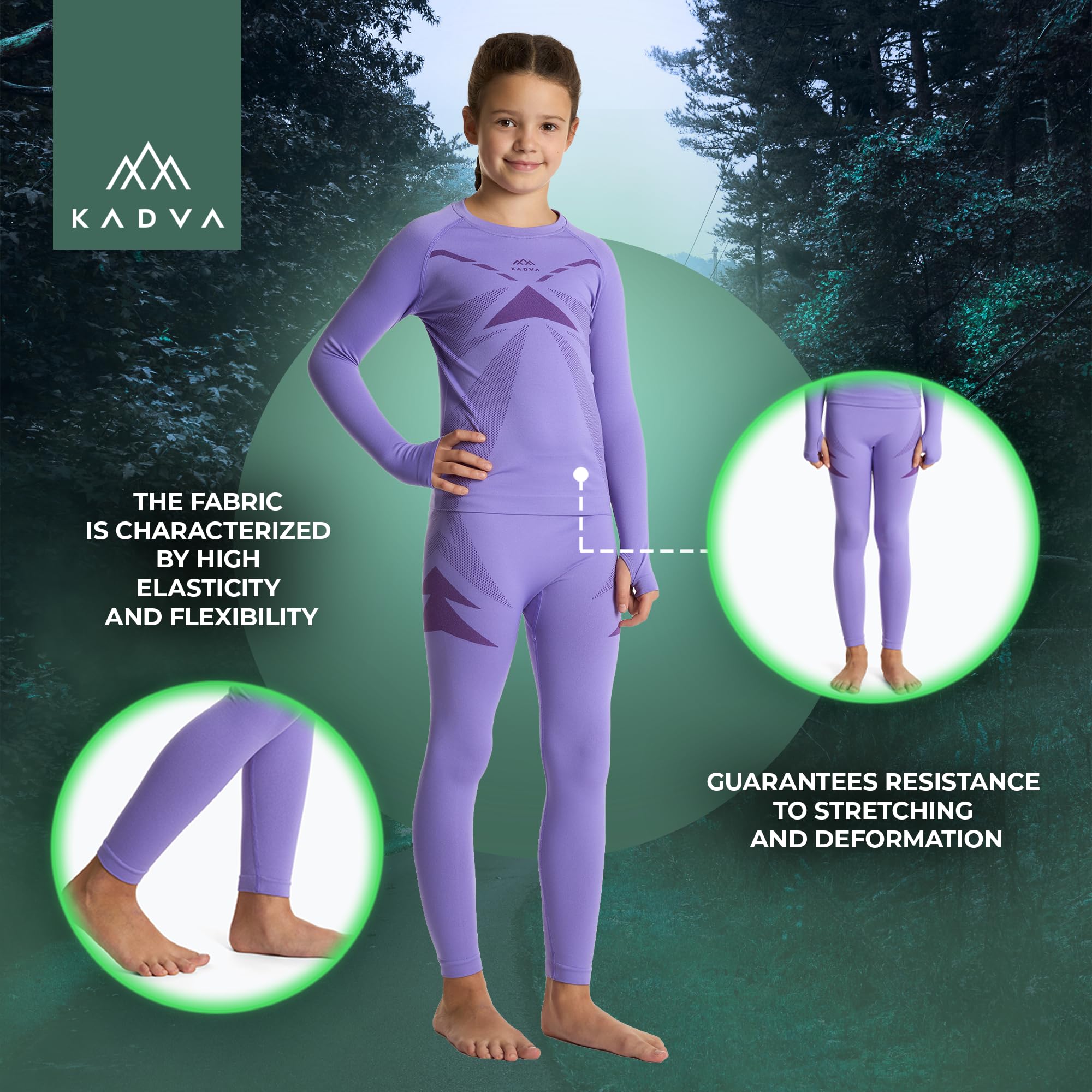 KADVA – Completo Intimo Termico Bambino – AlpineStep Thermo Light Plus Base Layer Viola con Maglia Maniche Lunghe Senza Cuciture e Leggings per Il Freddo