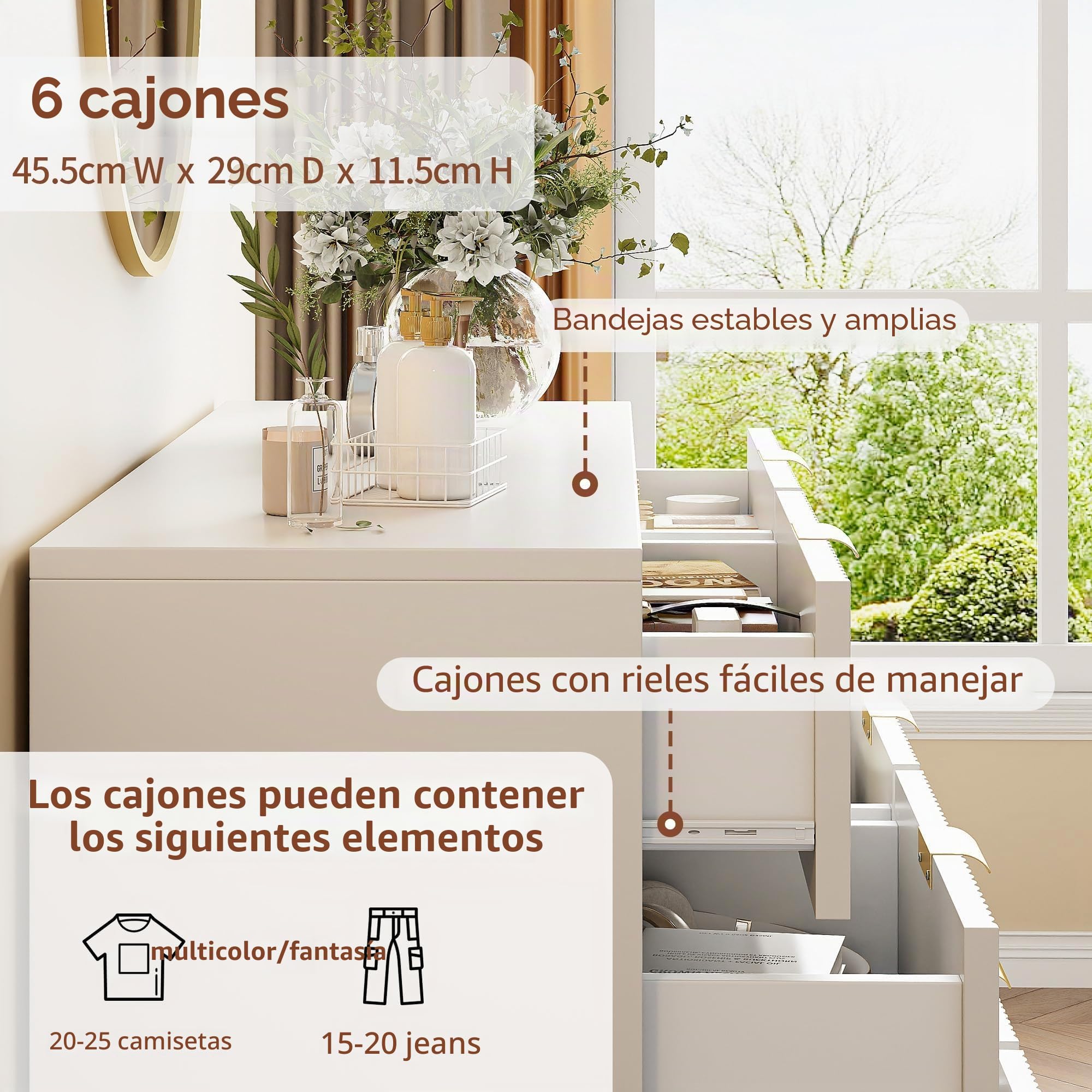 Mueble para dormitorio, adulto, 6 cajones, 6 cajones, color blanco, 100 × 34 × 73 cm, cómoda blanca habitaciónComodas habitación adulta, cómoda con 6 cajones, color blanco, cómoda sala de