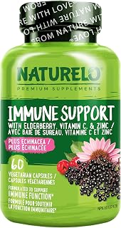 NATURELO Immune Support – Organic Vitamin C, Elderberry, Zinc, Plus Echinacea – Natural Immunity Boost w/Antioxidant, Herbal & Mineral Defense - 60 Vegan Capsules