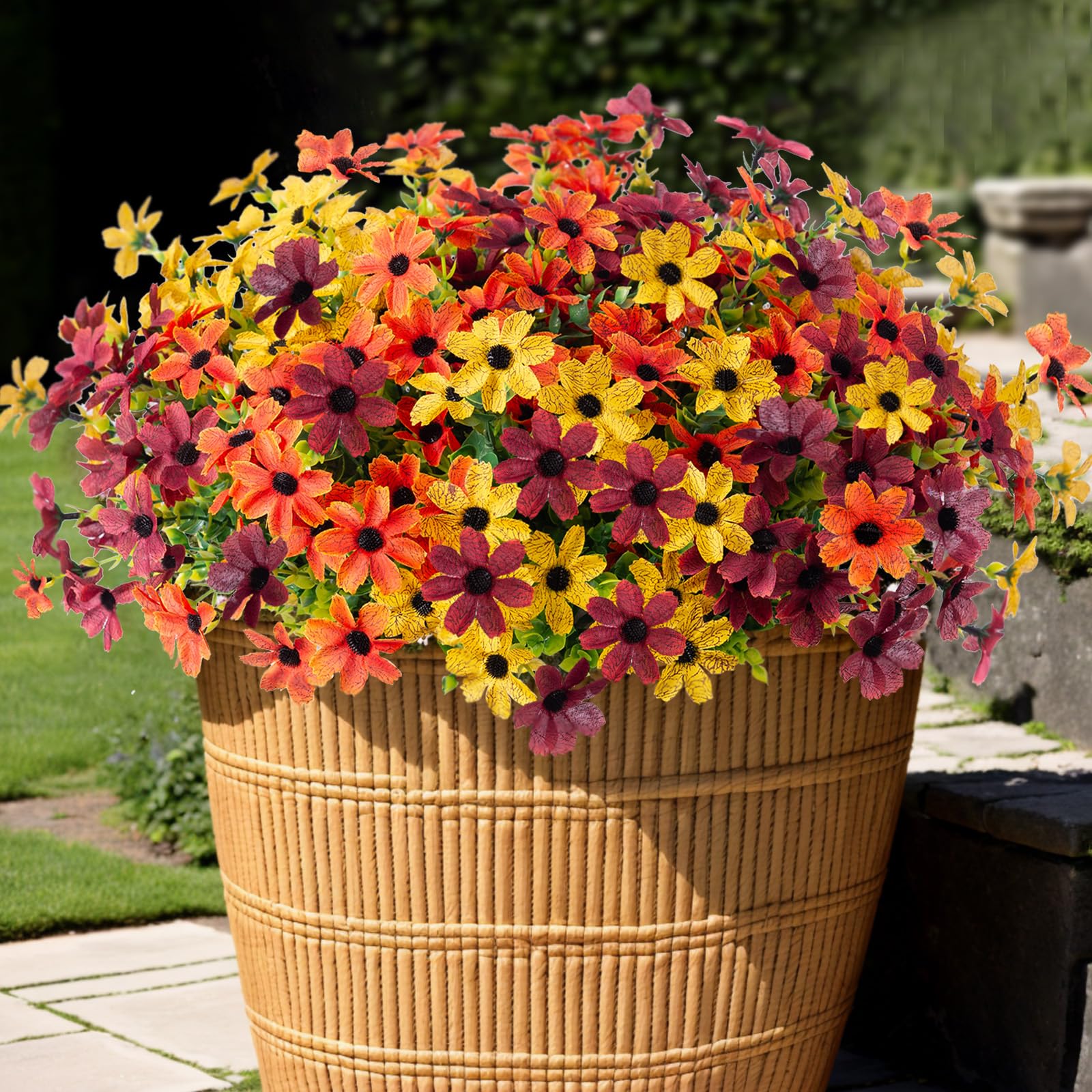 INXUGAO Fall Artificial Flowers for Outdoor Decor,12 Bundles Fake Mums with Eucalyptus Realistic UV Resistant for Outside Home Planter Porch Patio