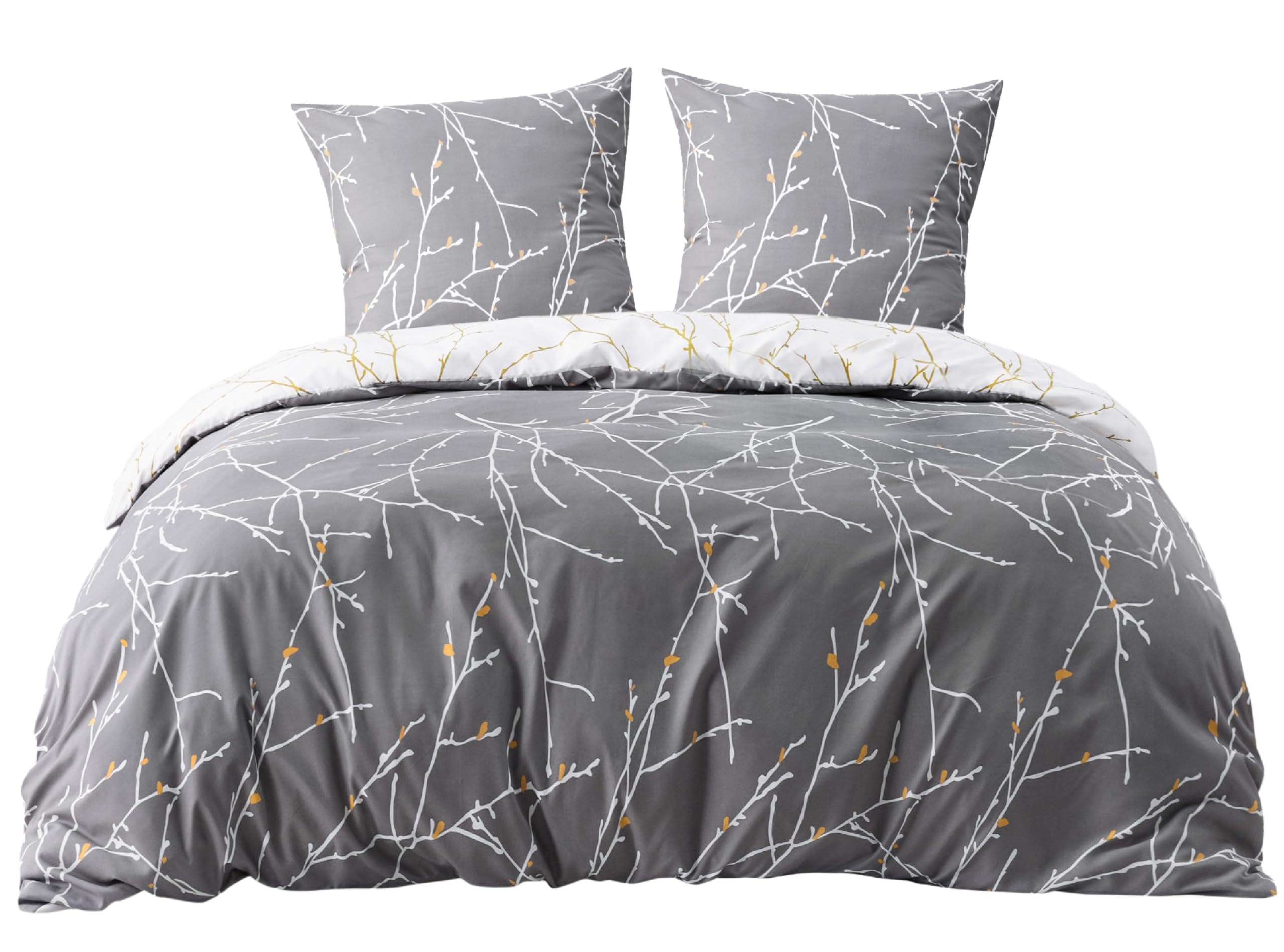 BEDSURE Bettwäsche 200x220 Baumwolle Grau - Bettwäsche-Sets 200 x 220 cm Bettbezug 3teilig mit 2 Kissenbezüge 80x80 cm, ÖKO-TEX Wendebettwäsche Bedding Zweige Muster mit Reißverschluss