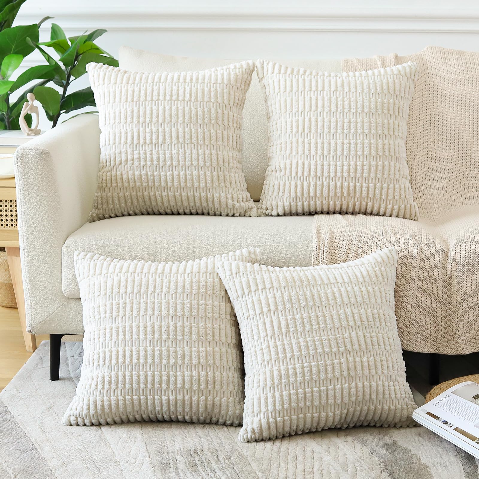 Sungeek Set of 4 Soft Corduroy Decorative Cushion Covers 40x40cm Square Striped Throw Pillow Covers 16x16 Inch for Sofa Couch Living Room Patio Farmhouse Boho Home Decor Pillowcases (Cream White) - Image 2