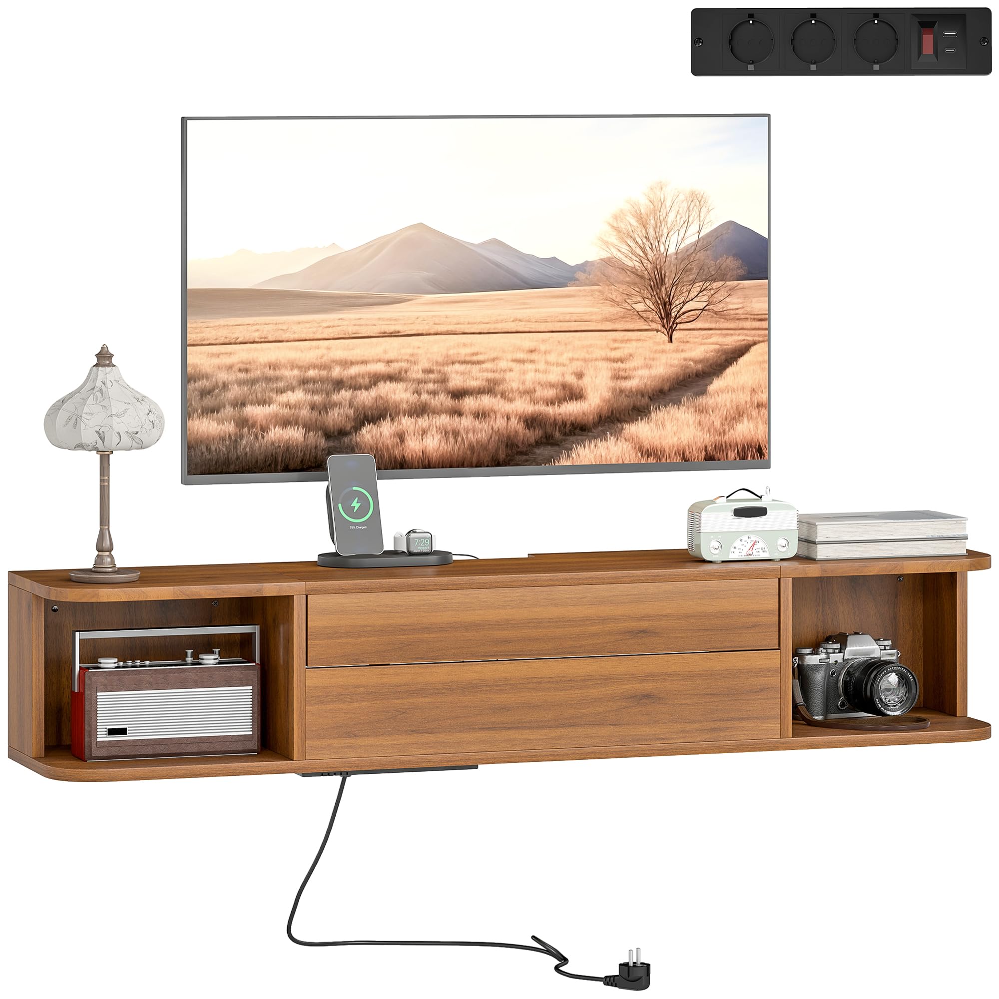 HOMCOM Mobile TV Sospeso con Prese di Corrente, USB e Tipo C, Mobile Porta TV Fino a 50", Cassetto Scorrevole, Ripiani Aperti, Fori Passacavi per Soggiorno o Camera da Letto, 120x24x22.4 cm, Noce