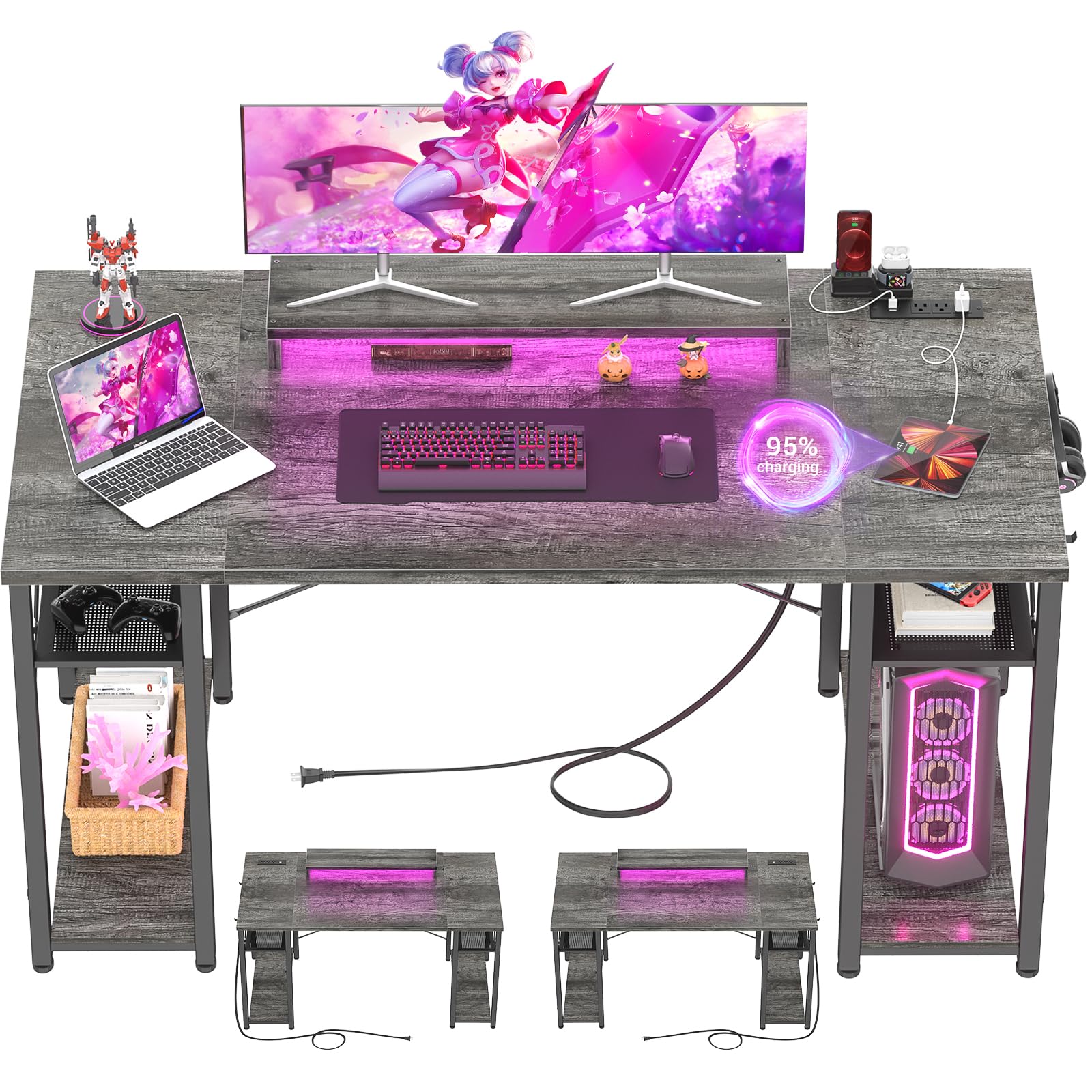 armocity Computer Desk with LED Lights, 55 Inch Desk with Power Outlet and USB, Reversible Large Desk with Moveable Monitor Stand, 55.2'' Gaming PC Table for Home Office, Workstation, Grey