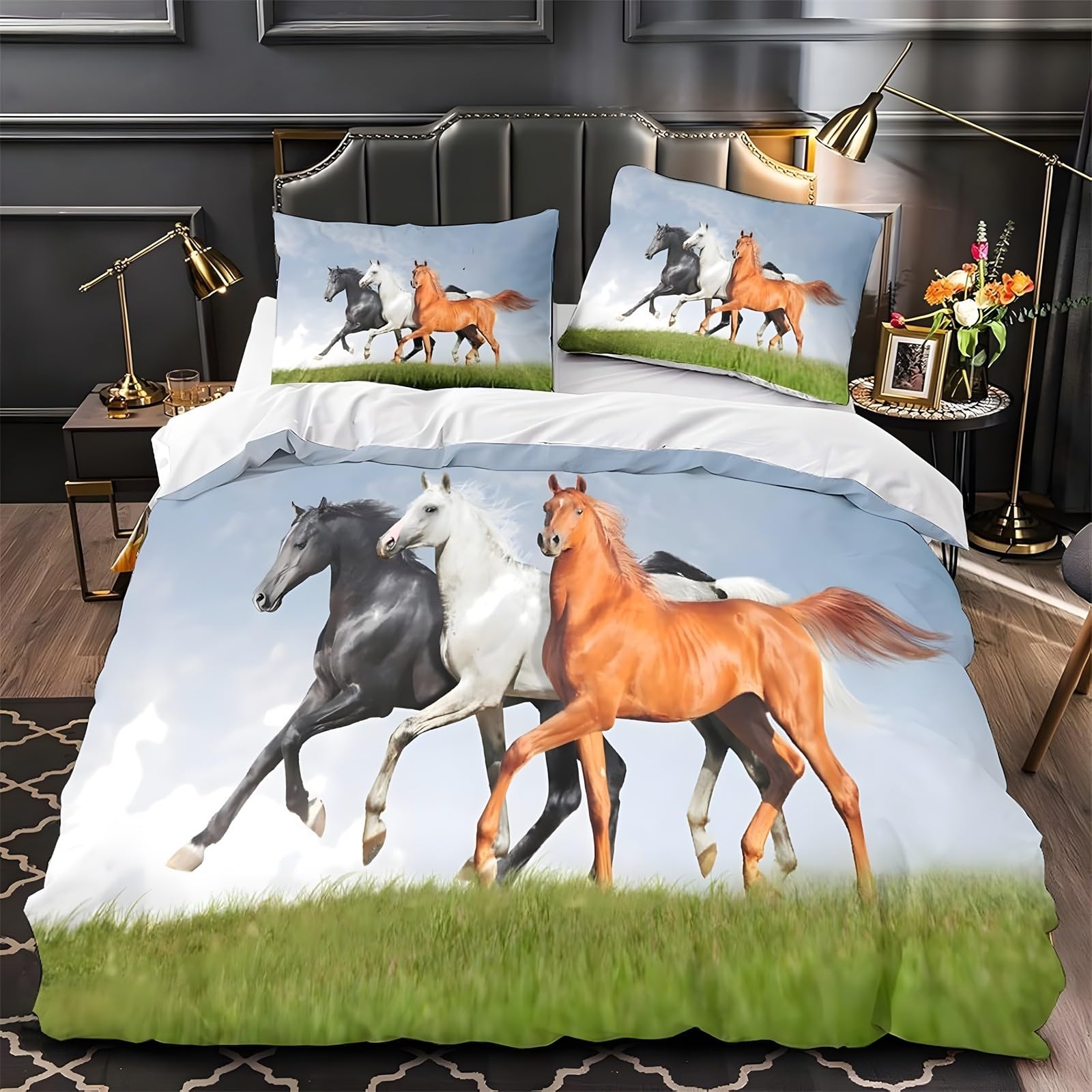 Ypthriline Small Single Duvet Cover Set Galloping Horse Bedding Set Microfiber Blue Duvet Covers with Pillowcases Reversible Bedding With Zipper Closure 120x150CM