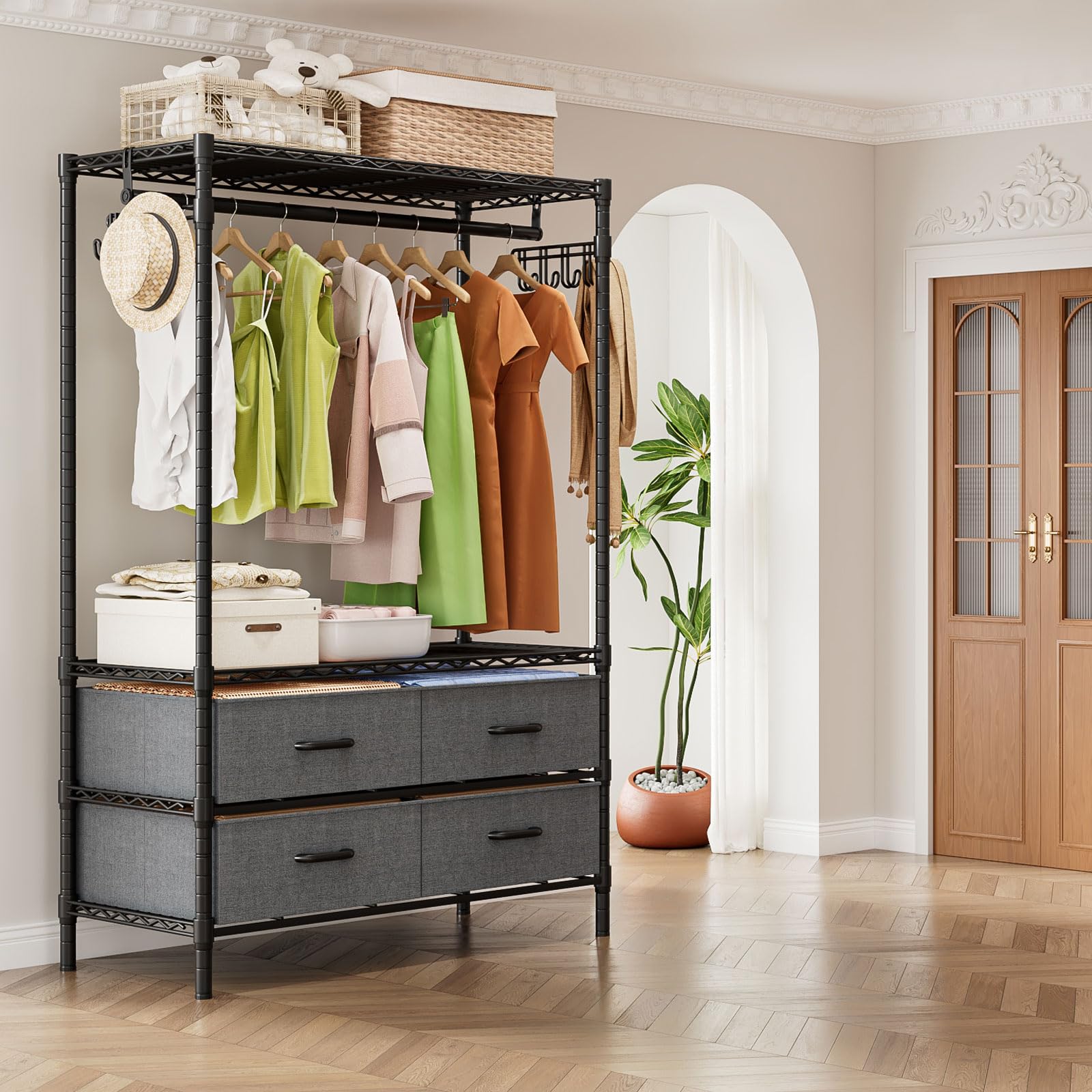 Portant à vêtements en métal，Penderie avec tringle et étagères ajustables, 4 tiroirs de rangement, solide et pratique pour chambre ou salon, porte-vêtements élégant, noir 90x40x180cm
