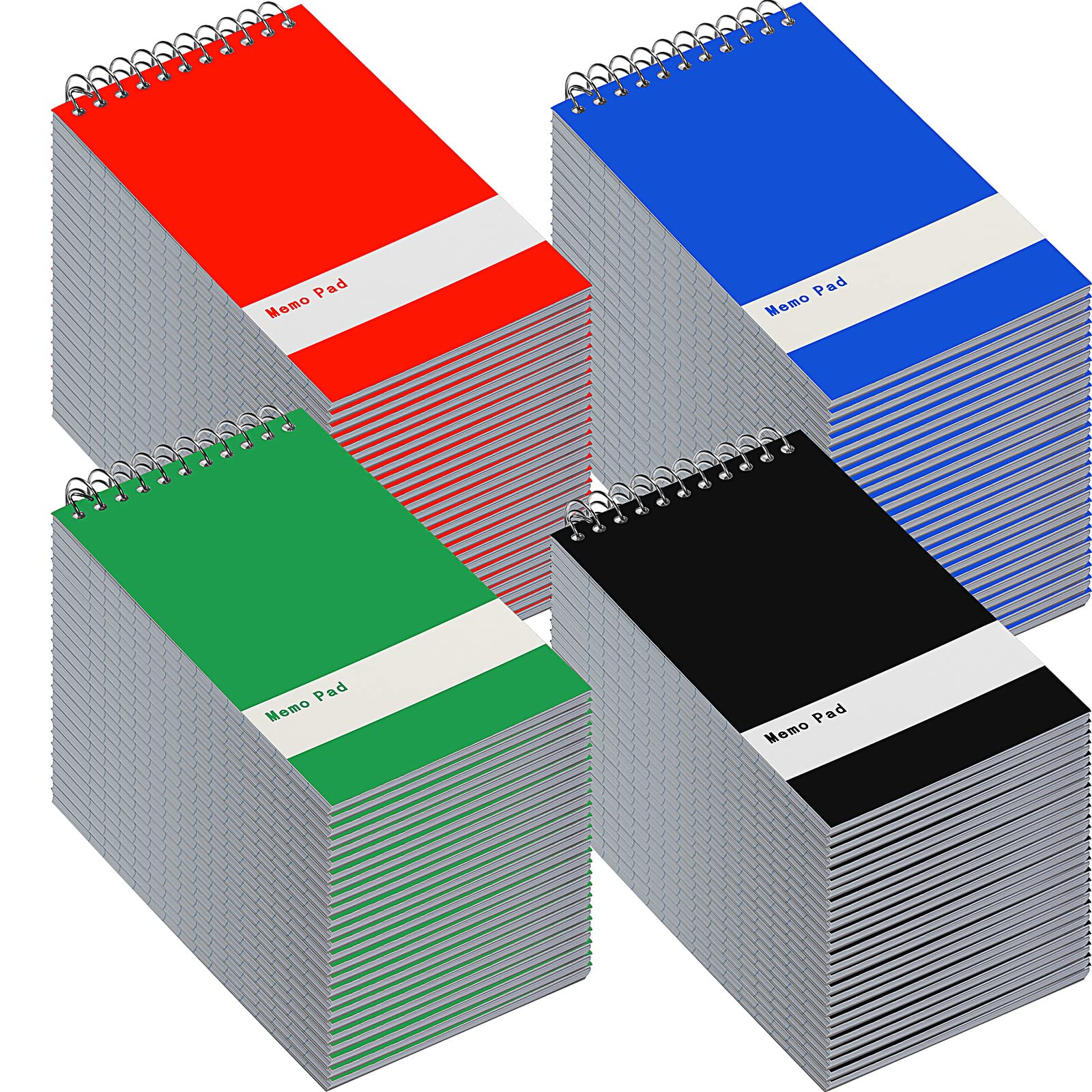 Thenshop 100 Pads Spiral Memo Pads Bulk 3 x 5 Inch Small Pocket Notepad Top Bound Lined 60 Sheets Mini Notebooks for School College Office Home Supplies (Black,Green,Dark Blue,Red)