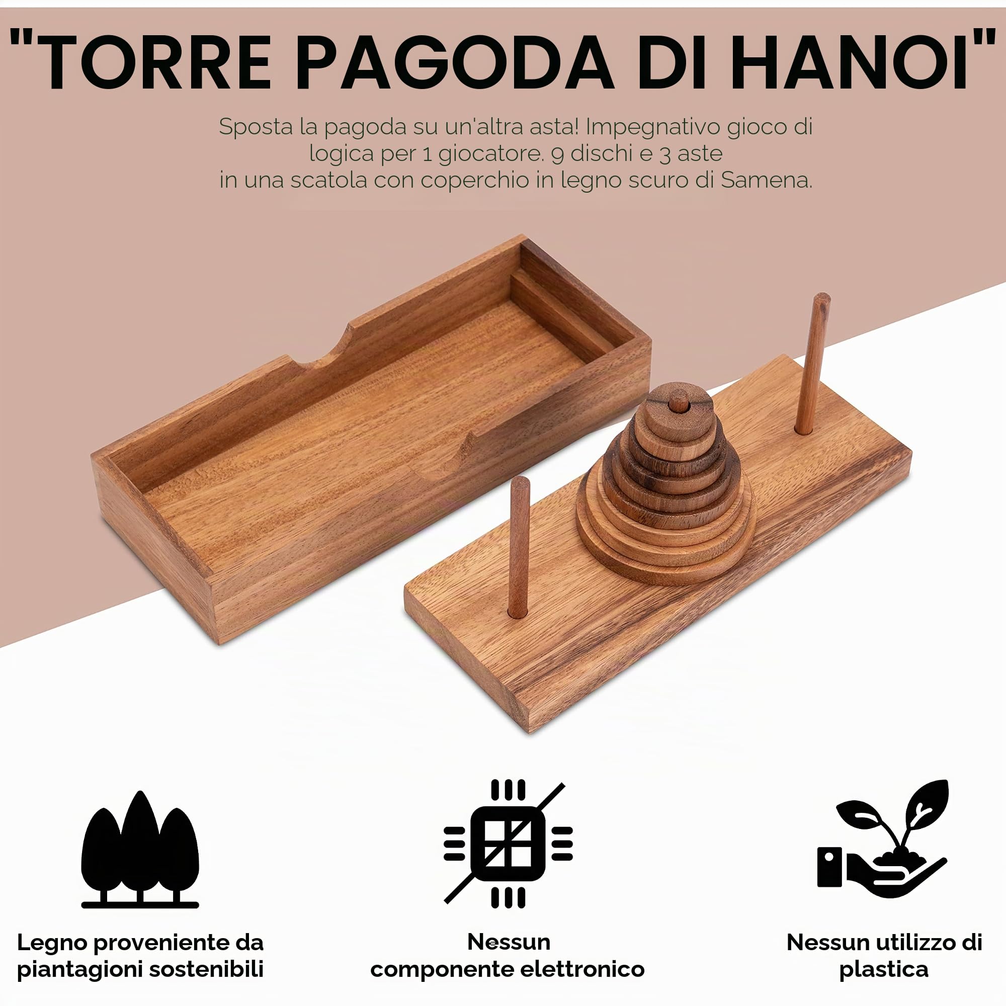 Pagoda - Torre di Hanoi - Gioco di pazienza con 9 dischi in legno