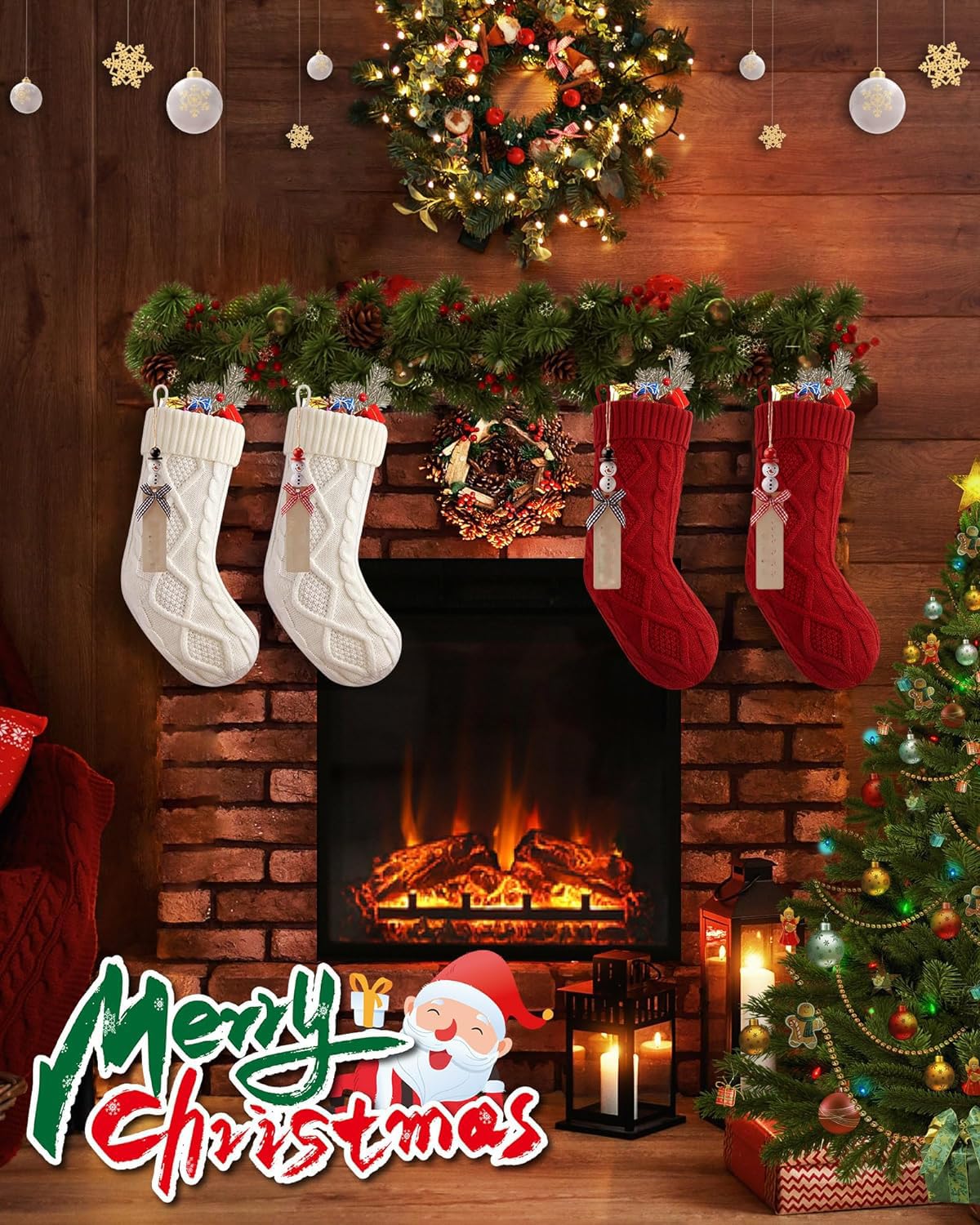 Chaussette De Noël Personnalisable 18 Pouces - Tricot Torsadé Rouge, Avec étiquette Nom En Bois, Pour Cheminée, Sapin