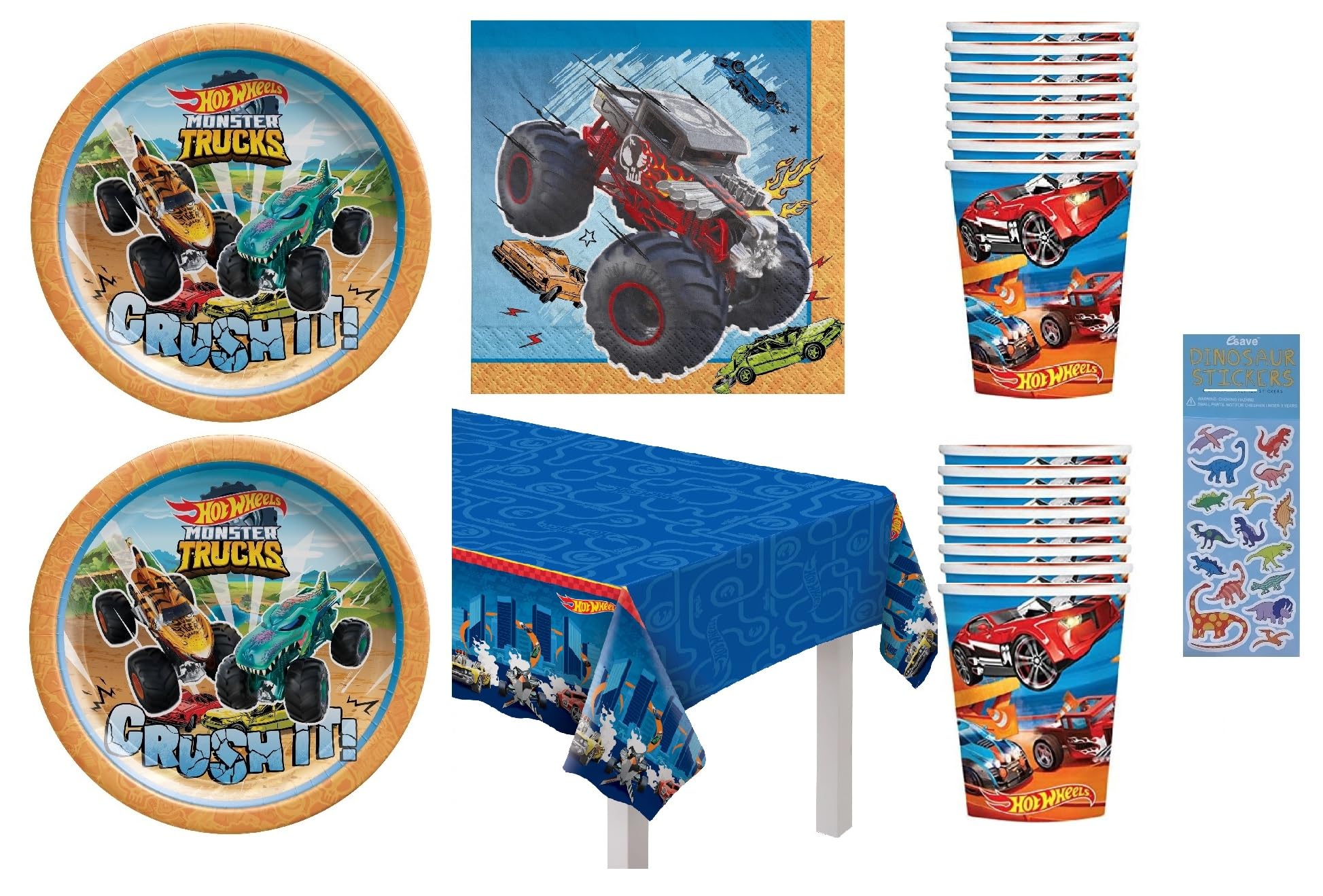 Amscan Hot Wheels Wild Racer Birthday Party Supplies Bundle Pack for 16 includes Dessert Plates, Napkins, Cups, Table Cover