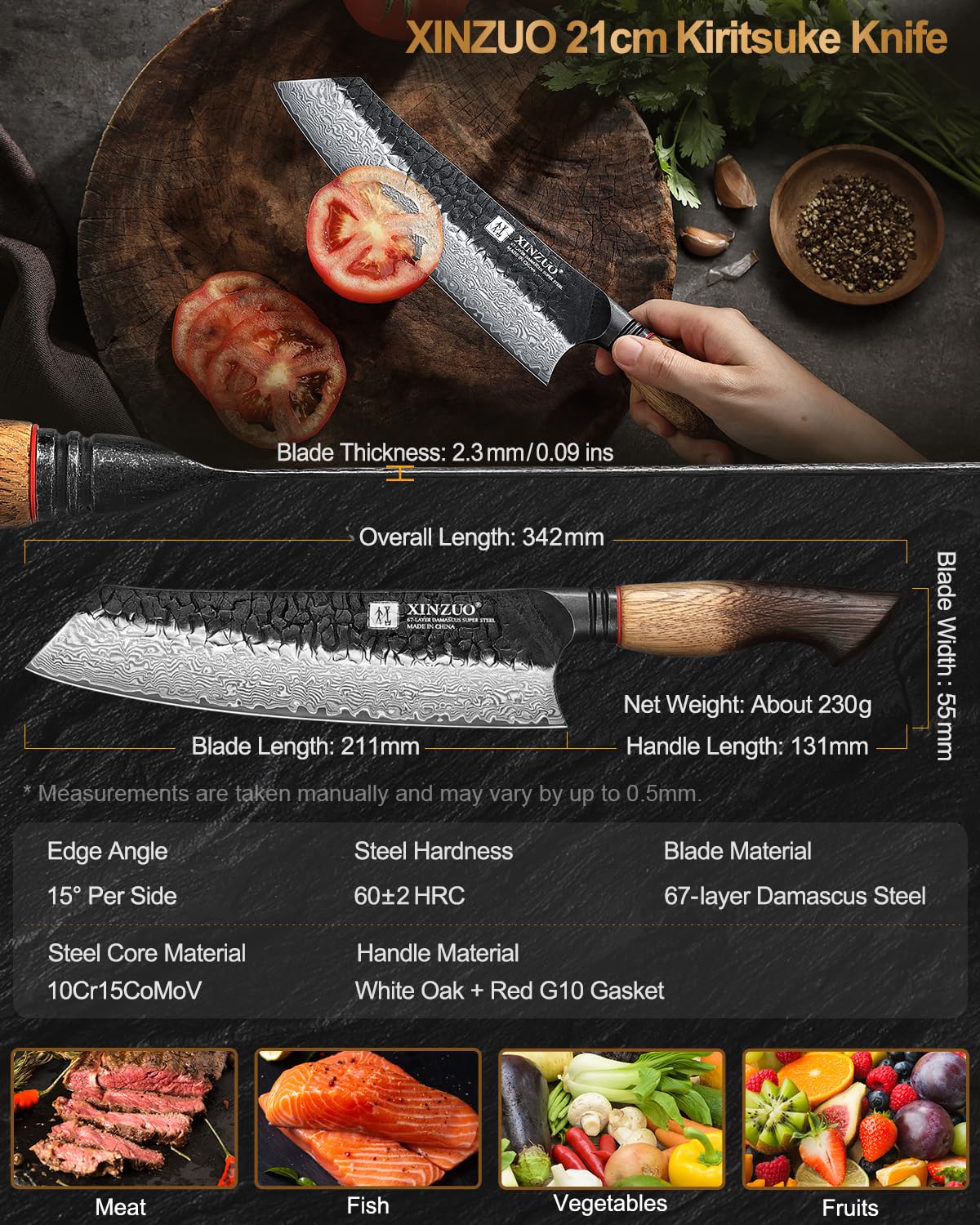 XINZUO 8.3 Inch Kiritsuke Chef Knife, Forged 67 Layers 10Cr15Comov High Carbon Damascus Steel Professional Kitchen Knife,Super Sharp，White Oak + Red G10 Gasket Handle — Amazon image 6