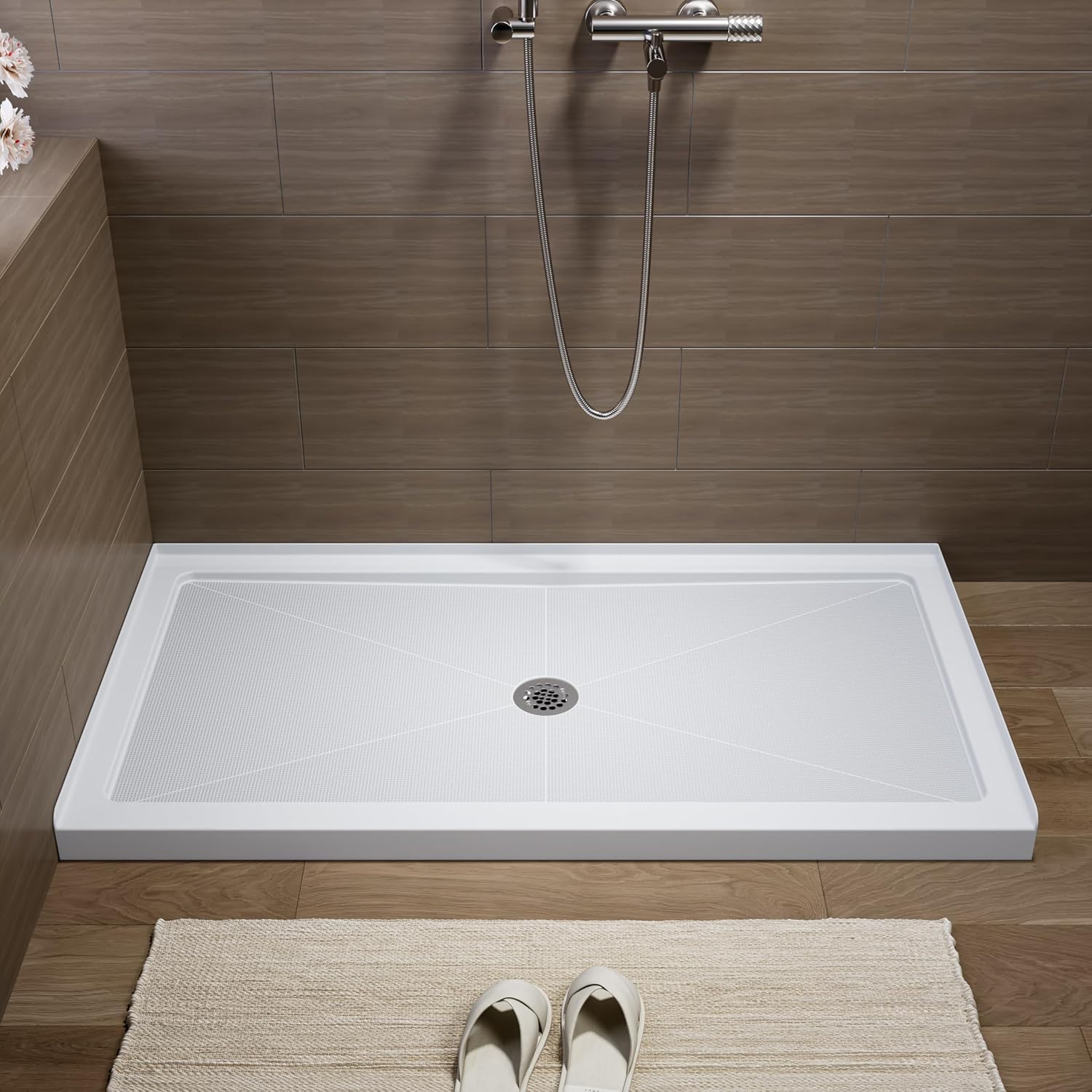 HOROW Shower Base 60" x 32", Rectangle Single Threshold Shower Pan for Bathroom, Non-Slip Texture, White Acrylic Shower Base Pan with Stainless Steel Chrome Drain, Center Drain Location Chrome Center Drain 60" x 32"