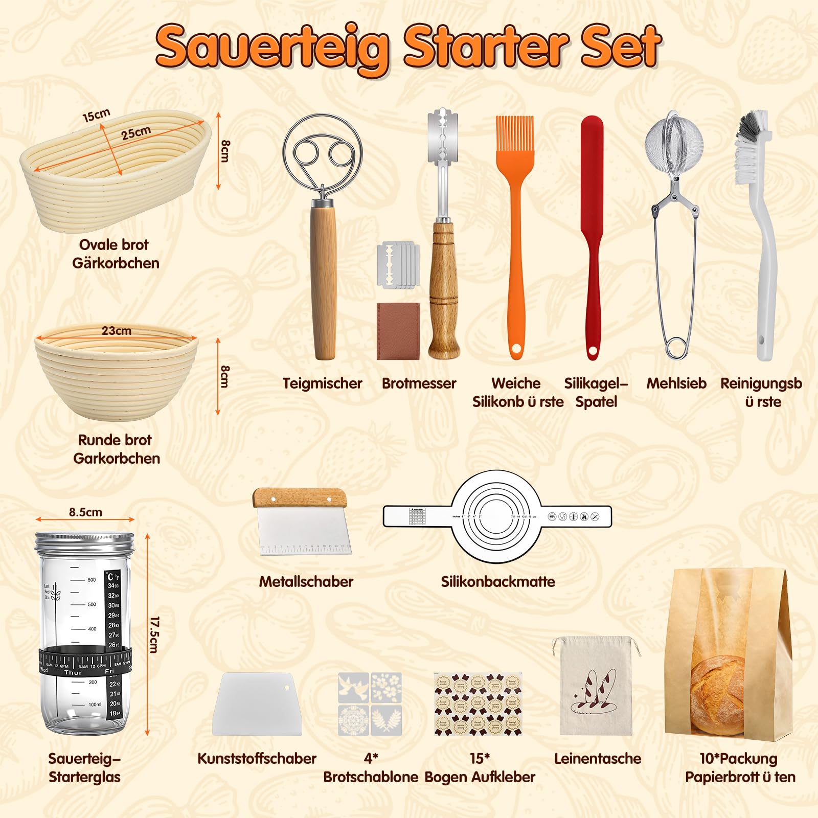 Gärkörbchen Set mit 2 Natürliches Rattan Gärkorb(23cm Runde & 25cm Ovale),Sauerteig Starter Set,Komplettes Brot Backen Zubehör für Anfänger und Erfahrene