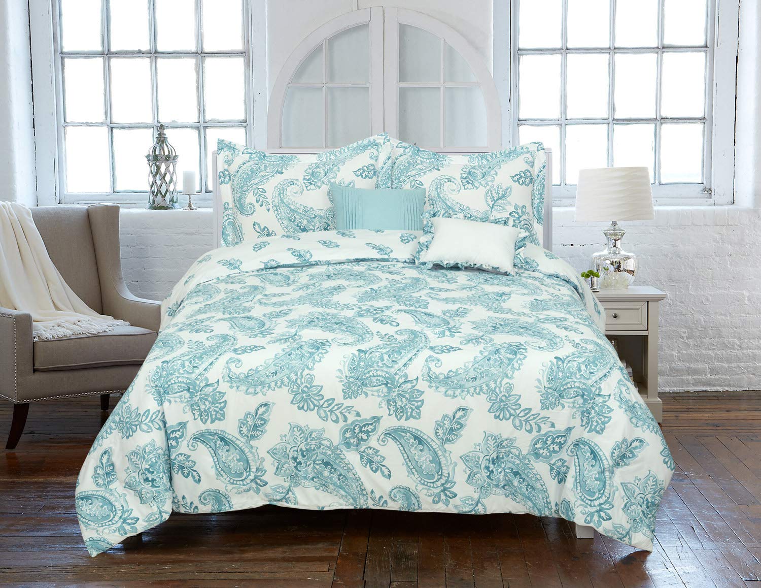 ROYALE LINENS Aruba Paisley, Ultra Yumuşak ve Nefes Alabilir, 5 Parça Tam/Kraliçe Yorgan Seti, Mavi