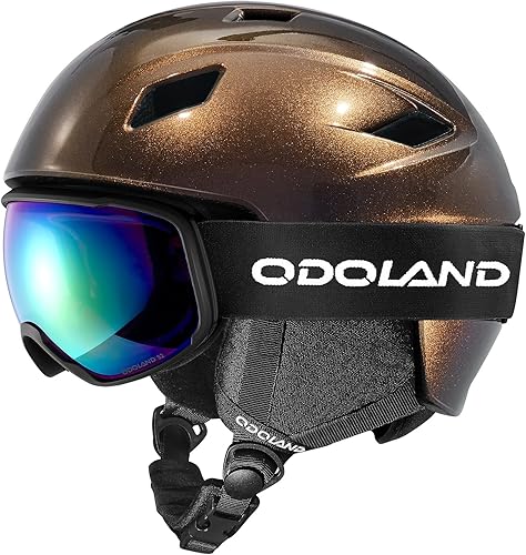 Odoland Ski Helmet and Goggles Set for Adults & Youth, Snowboard Helmet with Goggles - Shockproof Winter Sports Helmet with Protective Shell for Men, Women & Teens, Coffee Brown, L