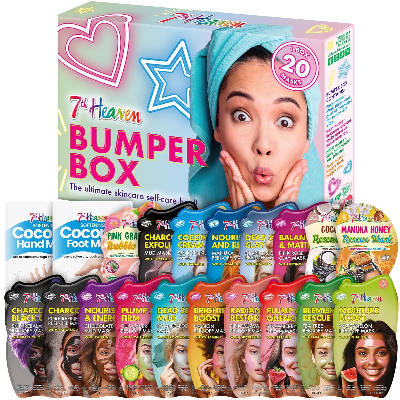 Bumper Box Face Mask Gift Set - Pack of 25 Face Masks - Deeply Moisturising and Skin Rejuvernating & Blemish Repair - Charcoal, Pink Rose Clay & Dead Sea Mud - Suitable For All Skin Types