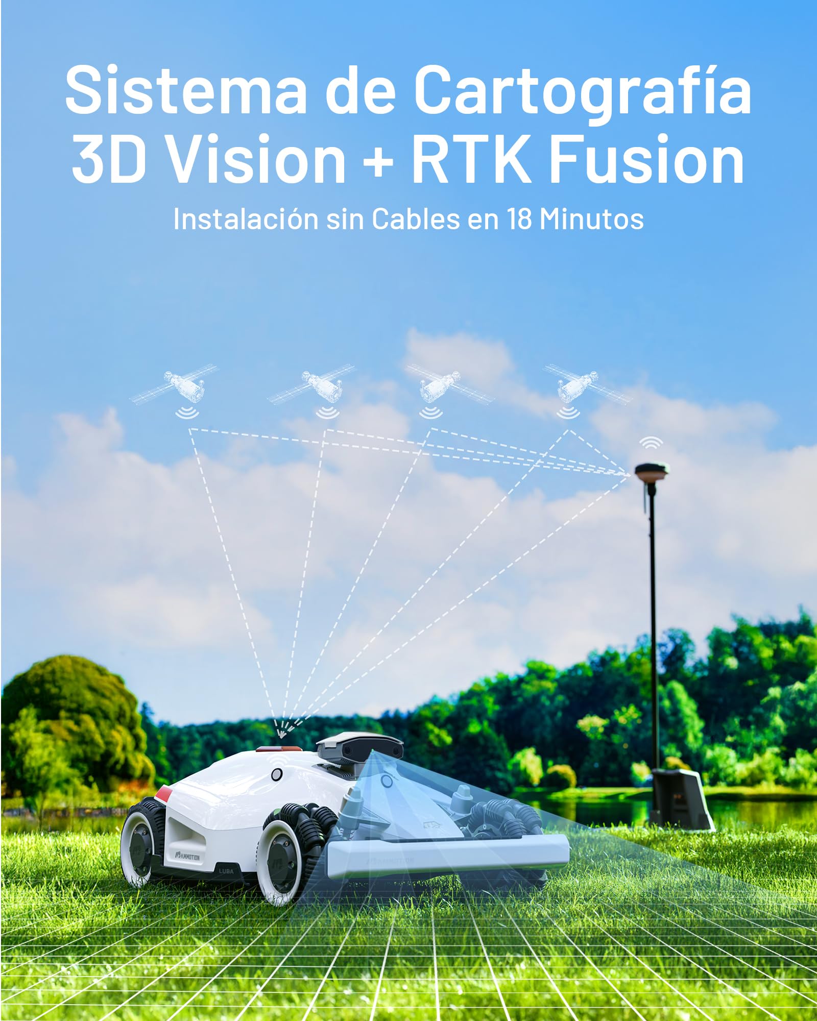 MAMMOTION LUBA 2 AWD 3000 Robot Cortacésped (Versión 2024), Perímetro Libre de Cables para 3000m² de Césped 80% de Pendiente, Tracción en Todas Las Ruedas, Visión 3D y RTK Fusion-Mapping System