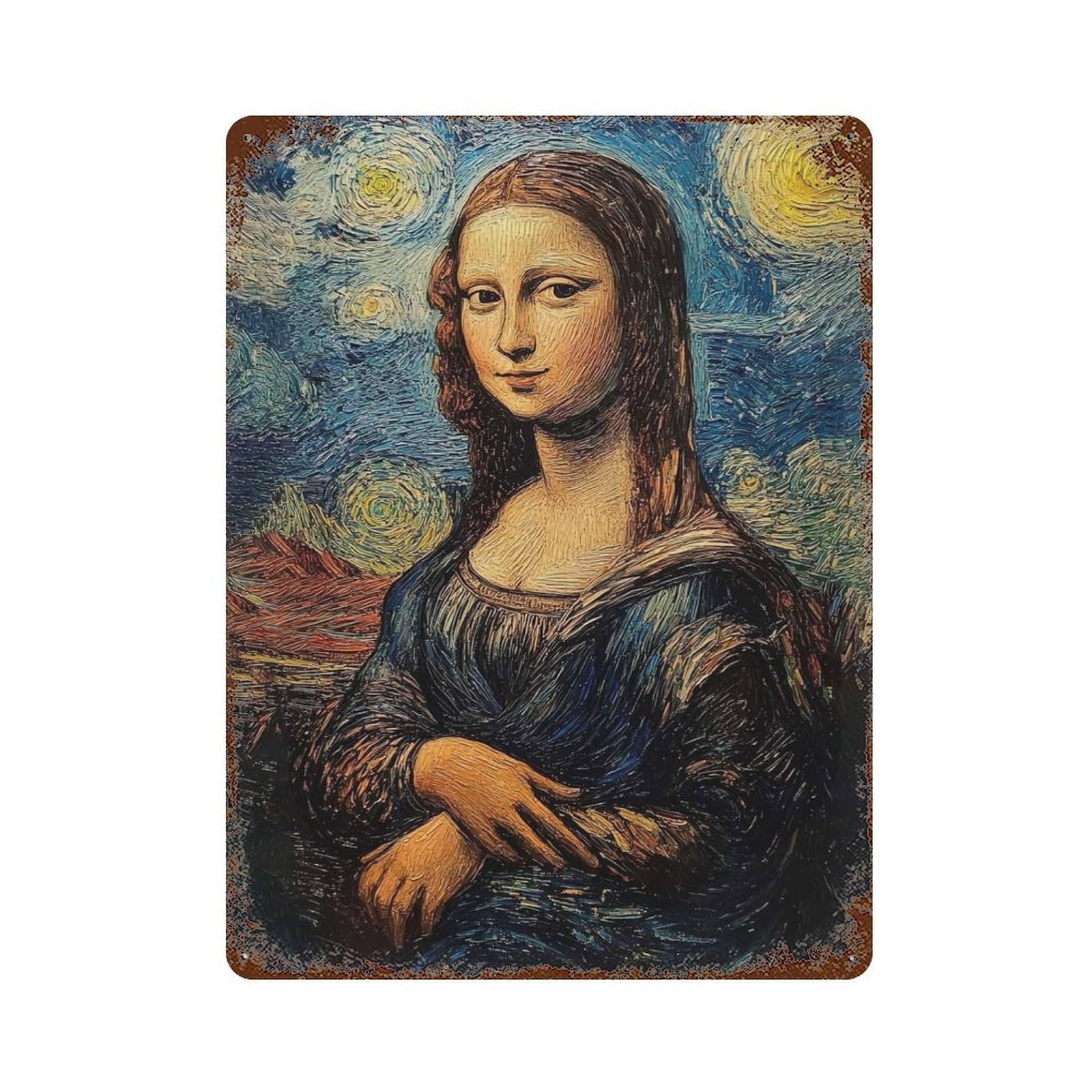 Retro Metal Sign Mona Lisa Starry Night Mashup 15.7"x11.8", Retro Wall Decor for Living Room, Hallway And Home Decor