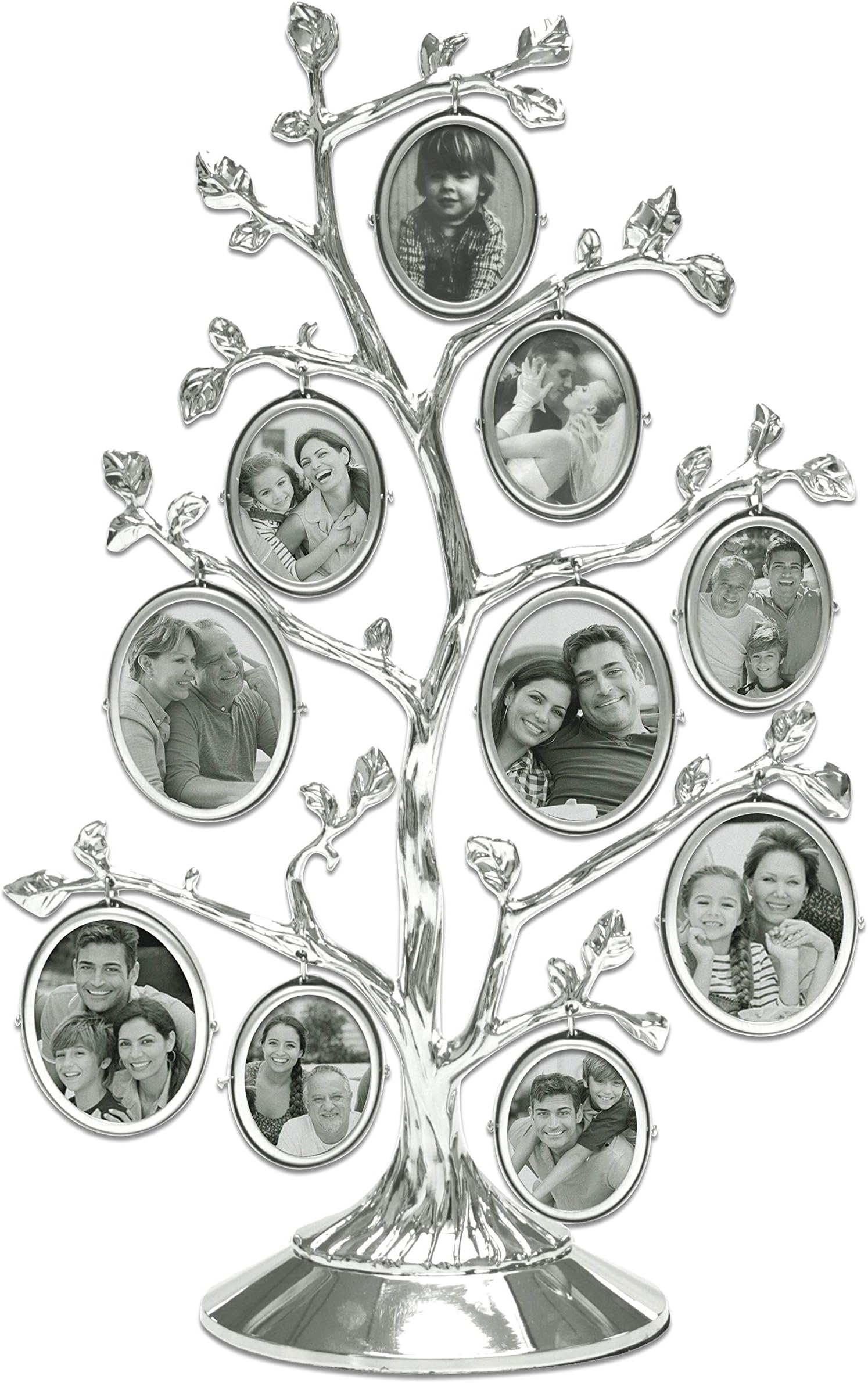 Silver Family Tree Picture Frame Stand, Medium Metal Tree with 10 Hanging Oval Mini Frames, Holds 2-Sided Photos for Family Memories, Tabletop Decor for Living Room & Home