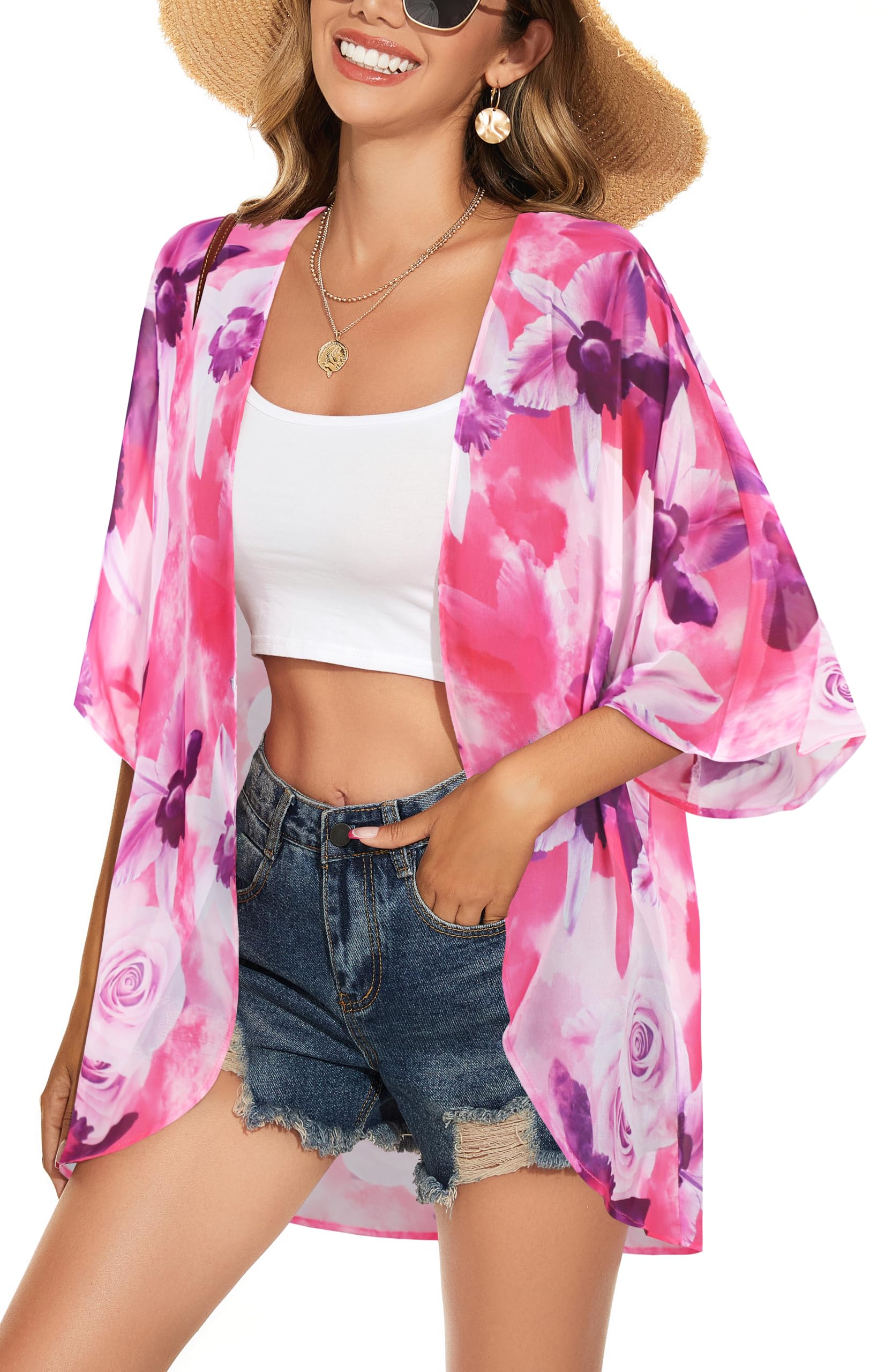 ADOREJOY Women's Tops Summer Kimono Cardigan Floral Print Puff Sleeve Swimsuit Cover Up Casual Loose Fit Blouse — view 13