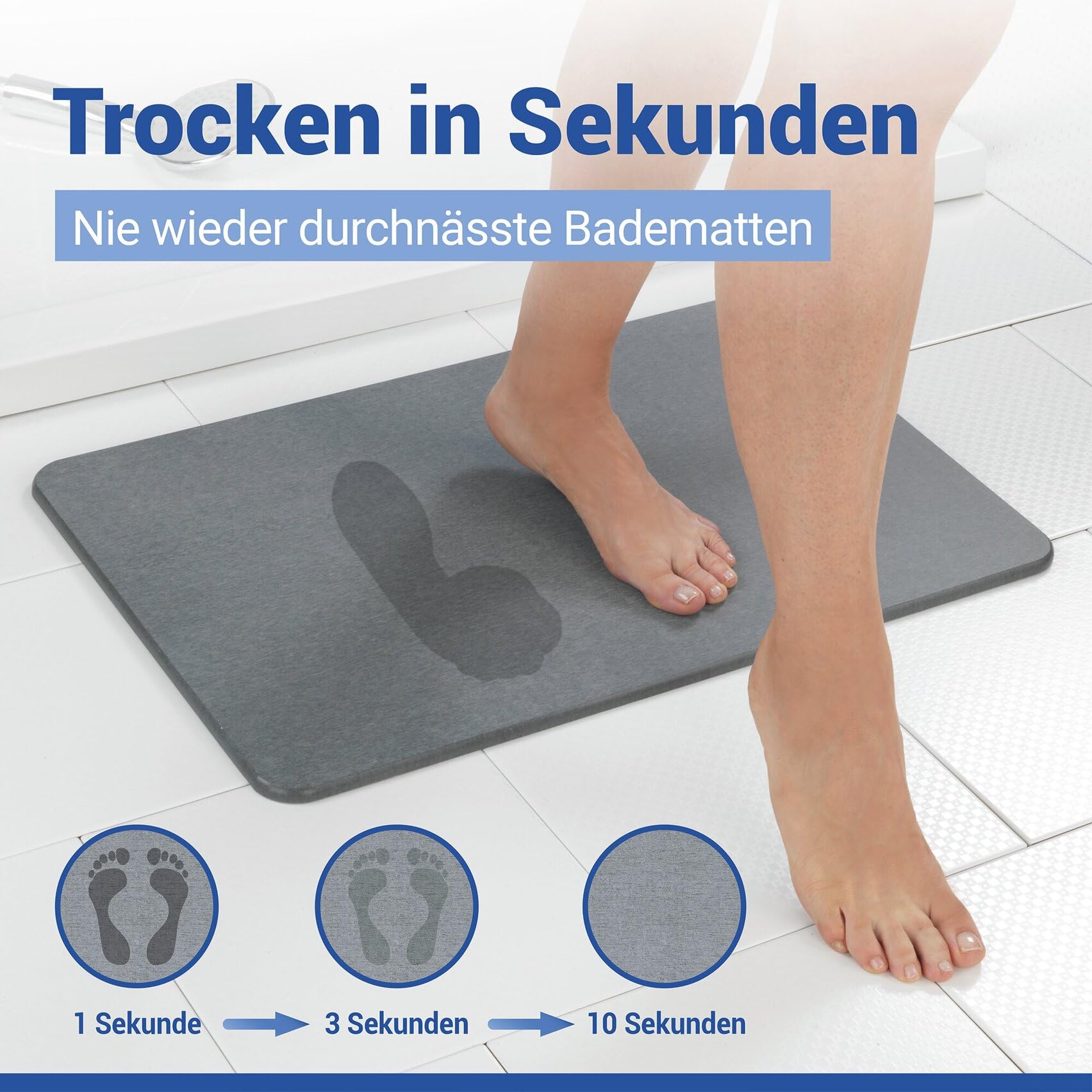 WENKO rutschfeste Badematte Mod. Simi, schnelltrocknender Badvorleger aus Diatomit (Kieselgur), stark wasserabsorbierend, saugfähiger Duschvorleger, grau
