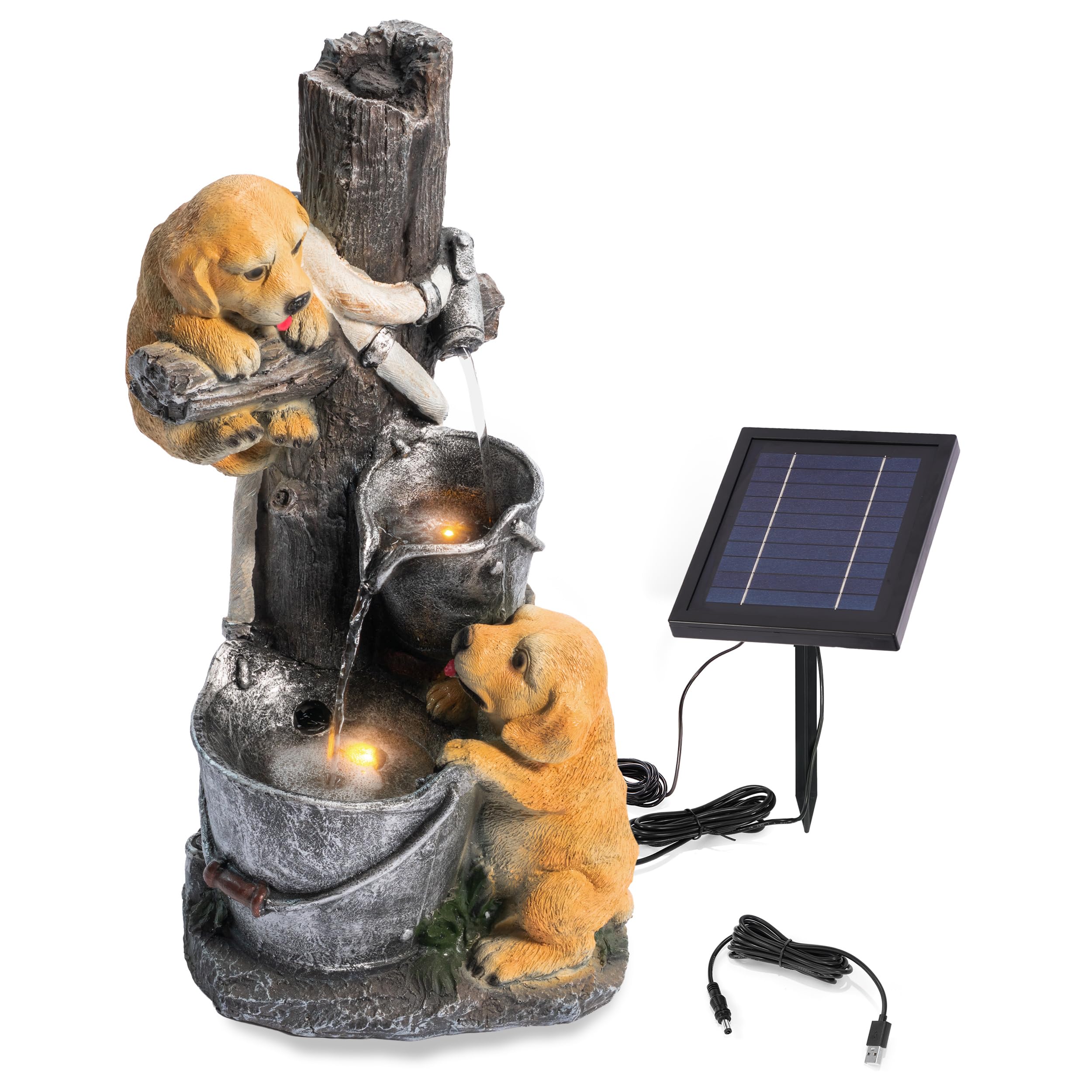 esotec Solarbrunnen für draussen Hundewelpen H=49cm, LED, USB, Pumpe, Akku, Solarmodul, Gartenbrunnen mit Wasserspiel, Springbrunnen solar für außen, Vogeltränke Balkon Garten 101382