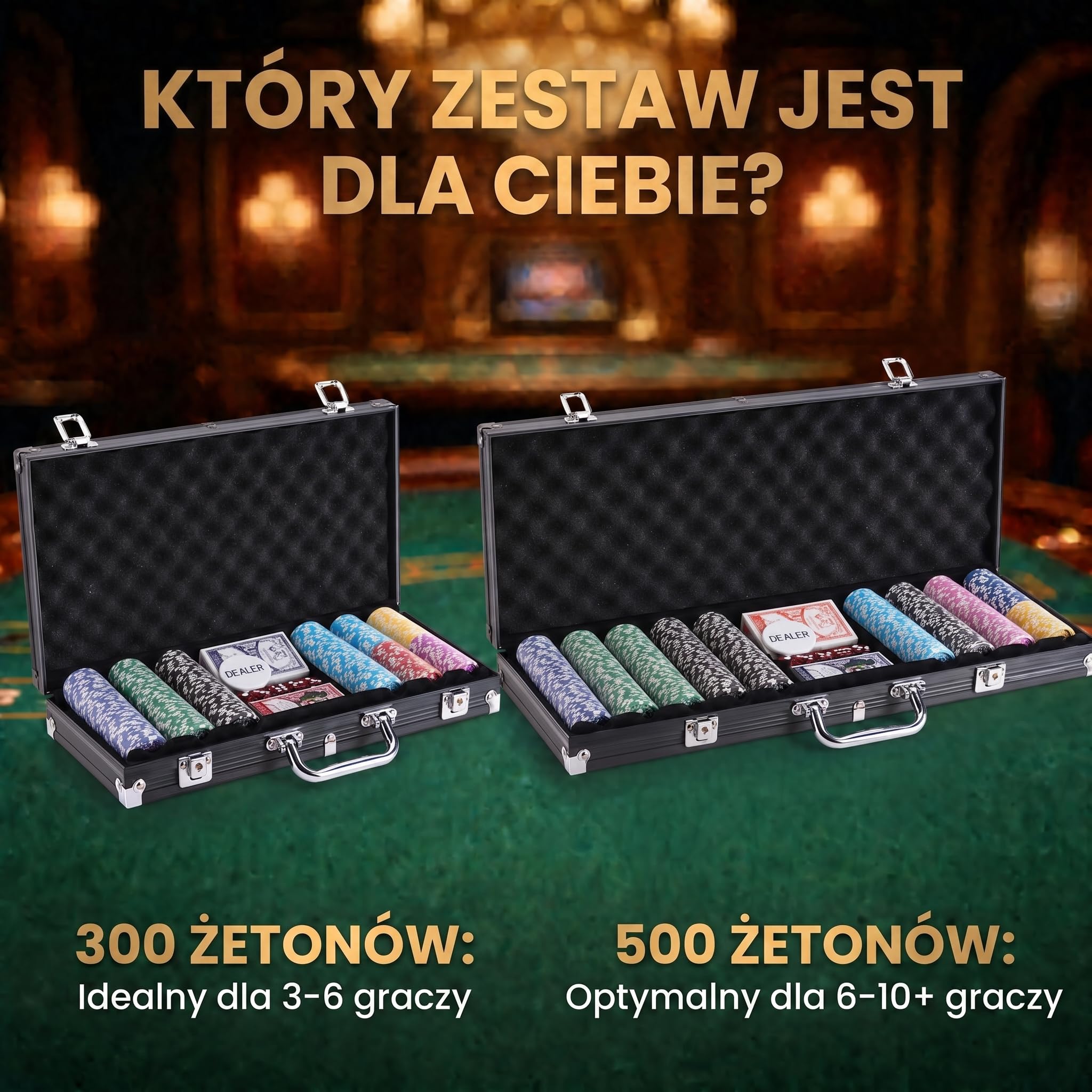 Profesjonalny zestaw do pokera z walizką zawierającą 300-500 żetonów; wysokiej jakości żetony do pokera; talia do pokera, talia kart, karty do pokera, kości, przycisk krupiera (Czarny, 300 żetony)