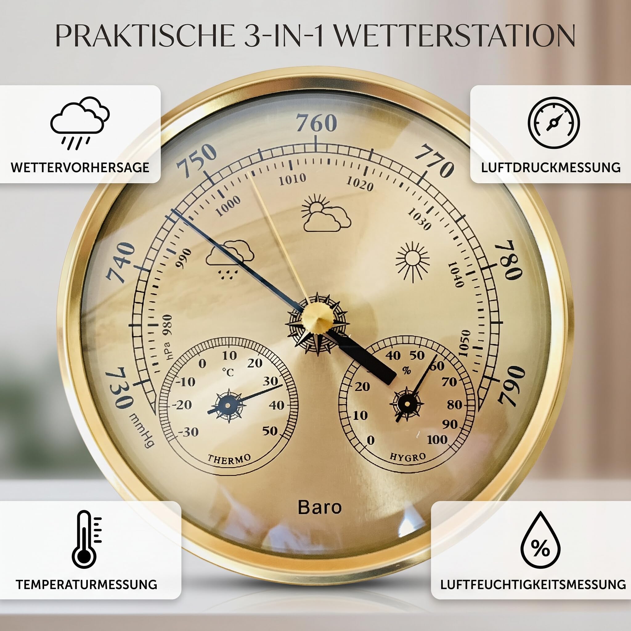 Stazione Meteorologica Barometrica 3 in 1, Misuratore di Temperatura Igrometro in Lega di Alluminio con Quadrante Dorato, Sospensione a Parete da 5,12 Pollici per Ufficio Domestico