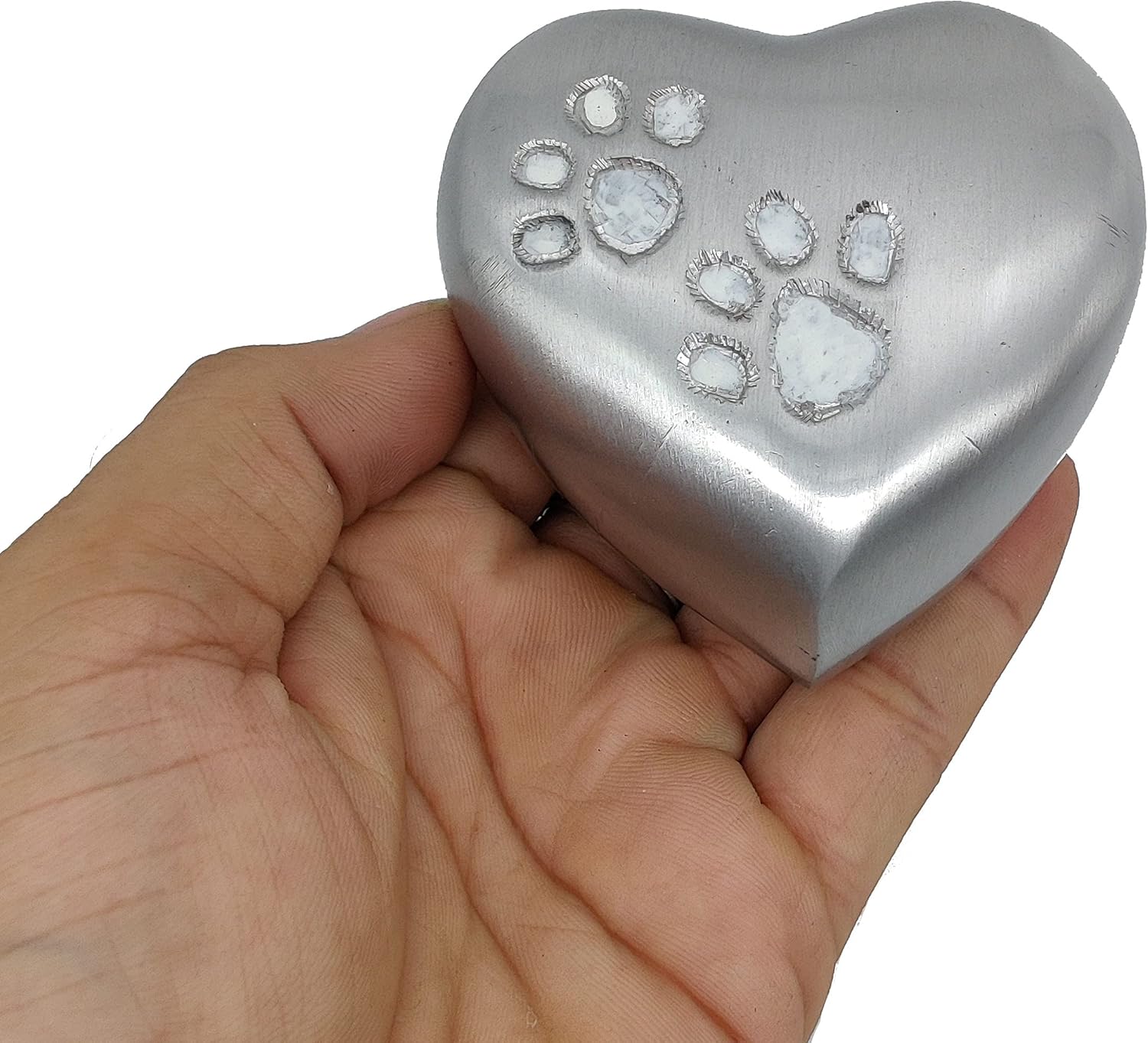 5MOONSUN5's Handcrafted Heart Urn Keepsake Cremation for Human pet Ashes Engraved Heart Shaped for Adults & Infants Honor Your Loved One. Comes with Brass Stand & Premium Box (Silver PAW) - Image 4
