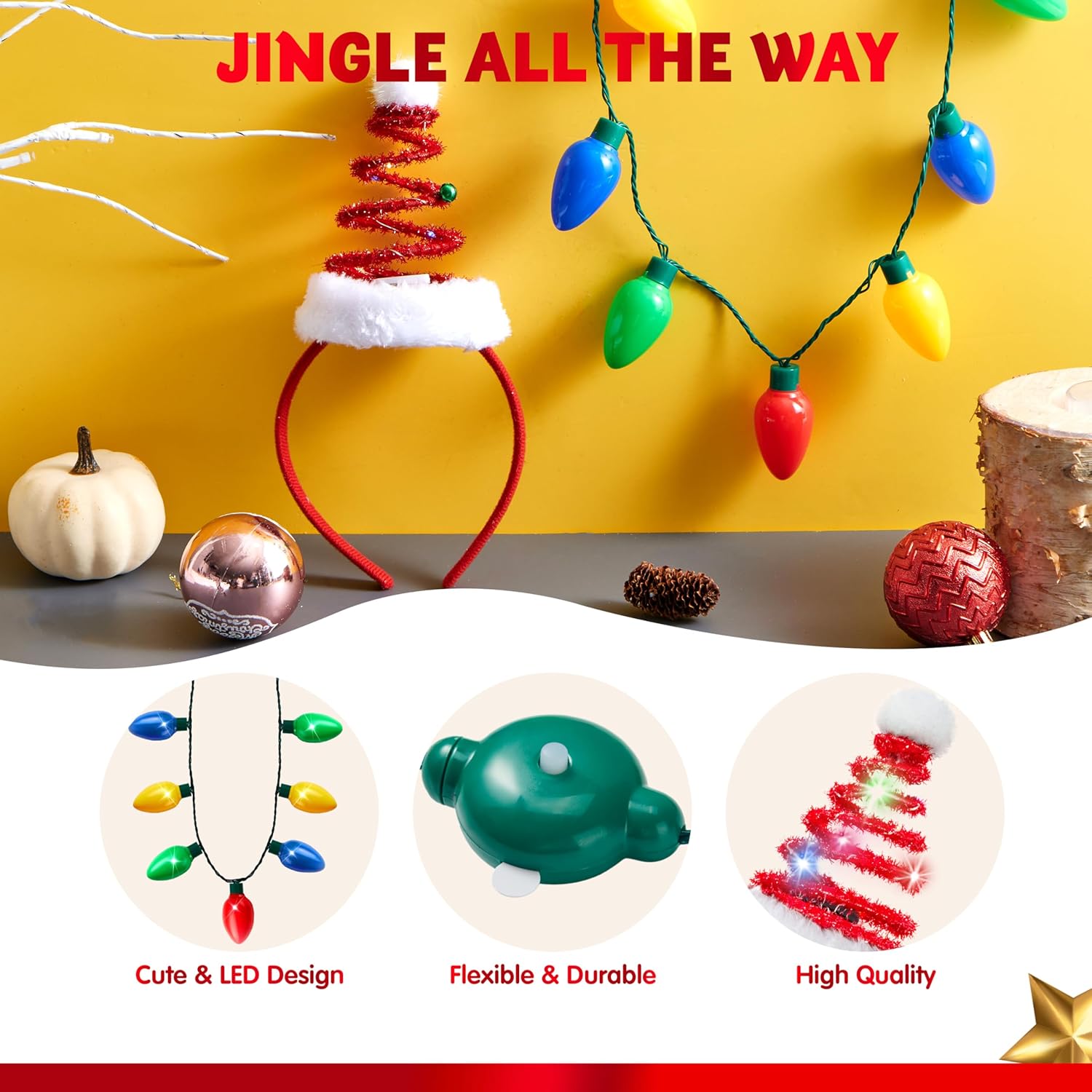 JOYIN 2 Pcs Christmas Lighted Necklace and Santa Hat Headband, Christmas LED Necklace with 9 Bulbs and Xmas Headwear for Holiday Perties Xmas Costume Accessories Party Favors - Image 3