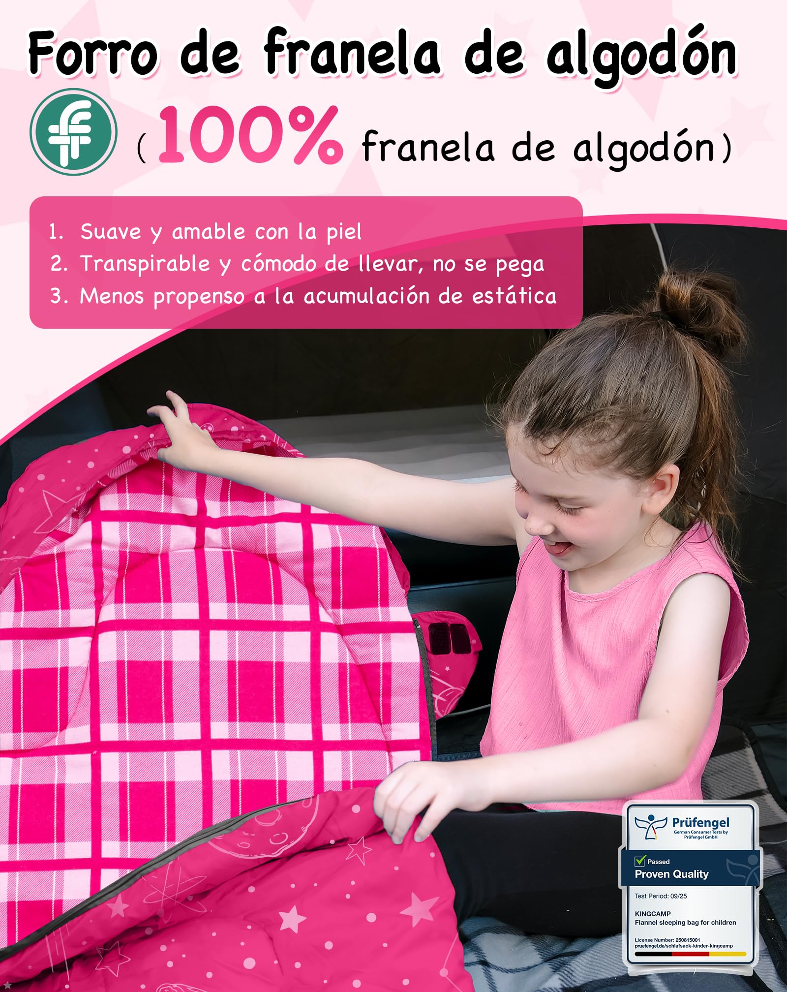 KingCamp Saco de Dormir Niños Franela de Algodón | 170 X 70 cm | 7℃ a -13 ℃ | Cálido y Cómodo para Niñas(Altura máxima hasta 145 cm) | Invierno Camping Accesorios, Viajes y Actividades