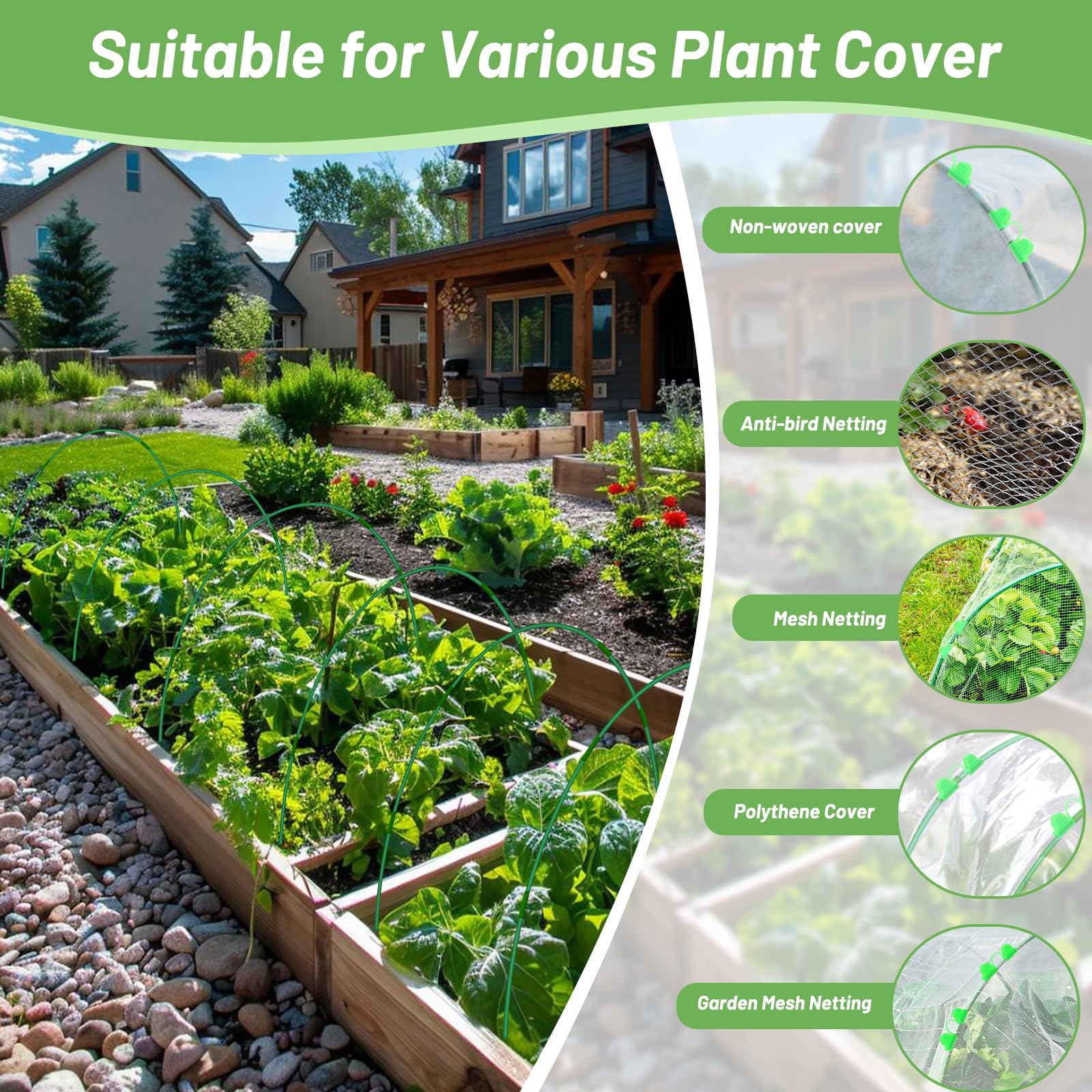 Lot de 70 cerceaux de jardin pour parterres surélevés, tunnels de jardin, tunnels de culture, tunnel de culture, cadre de jardin en fibre de verre antirouille pour filet, couverture en tissu, support