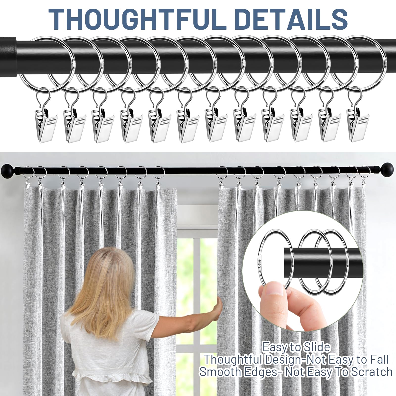 Anneaux De Rideau Métal Avec Clips – Lot De 42 – Diamètre Intérieur 32 Mm