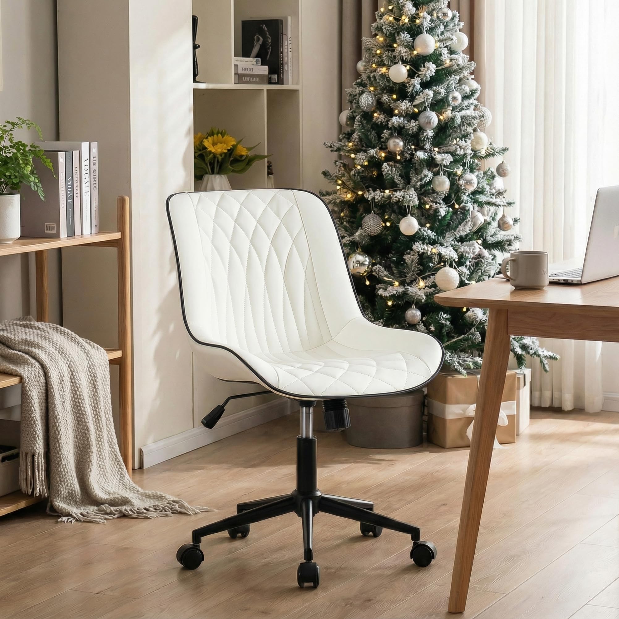 YOUNIKE White Ergonomic Office Desk Chair No Arms Comfy Small Vanity Chair with Wheels Swivel Adjustable Modern Computer