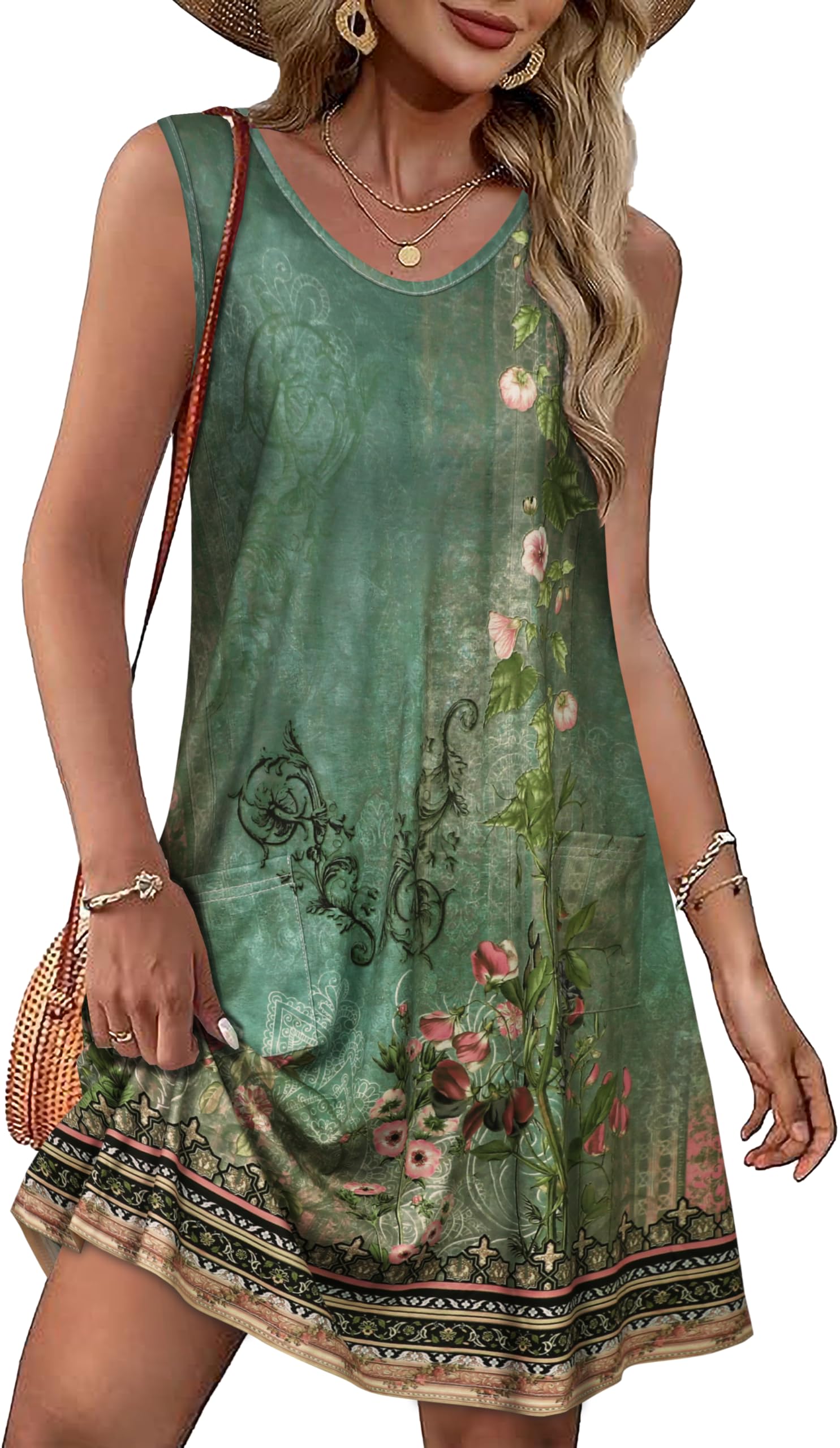 Womens Summer Dresses Casual V Neck Sleeveless Pockets Beach Loose Sundress | 2026 Loose Tank Sun dres with pockets, Casual Beach Cover Up, Fashion Vacation Outfits, Tshirt Floral Boho A-Line Flow Dress