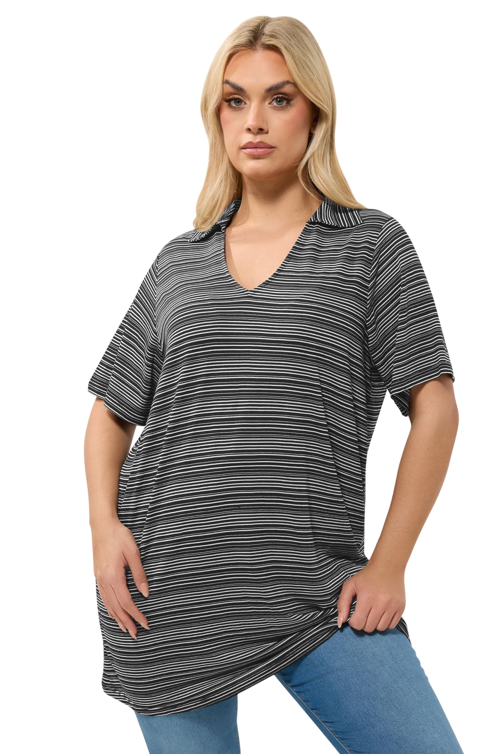 Yours Women's Black Stripe Polo Top In | Size: 18