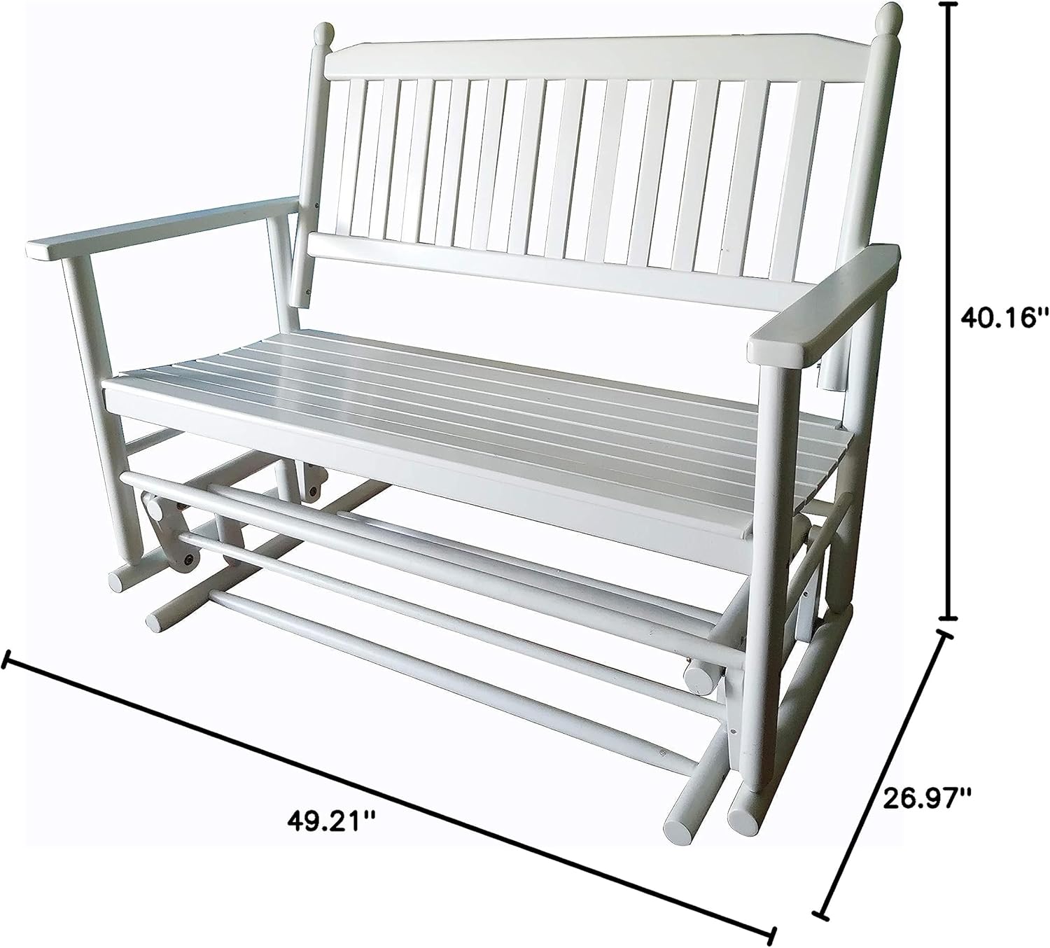 A058WT White Porch Wood Glider Bench Rocker Patio Wooden Loveseat — Assembled Dimensions:W49.21 x H40.16 x D26.97 inches