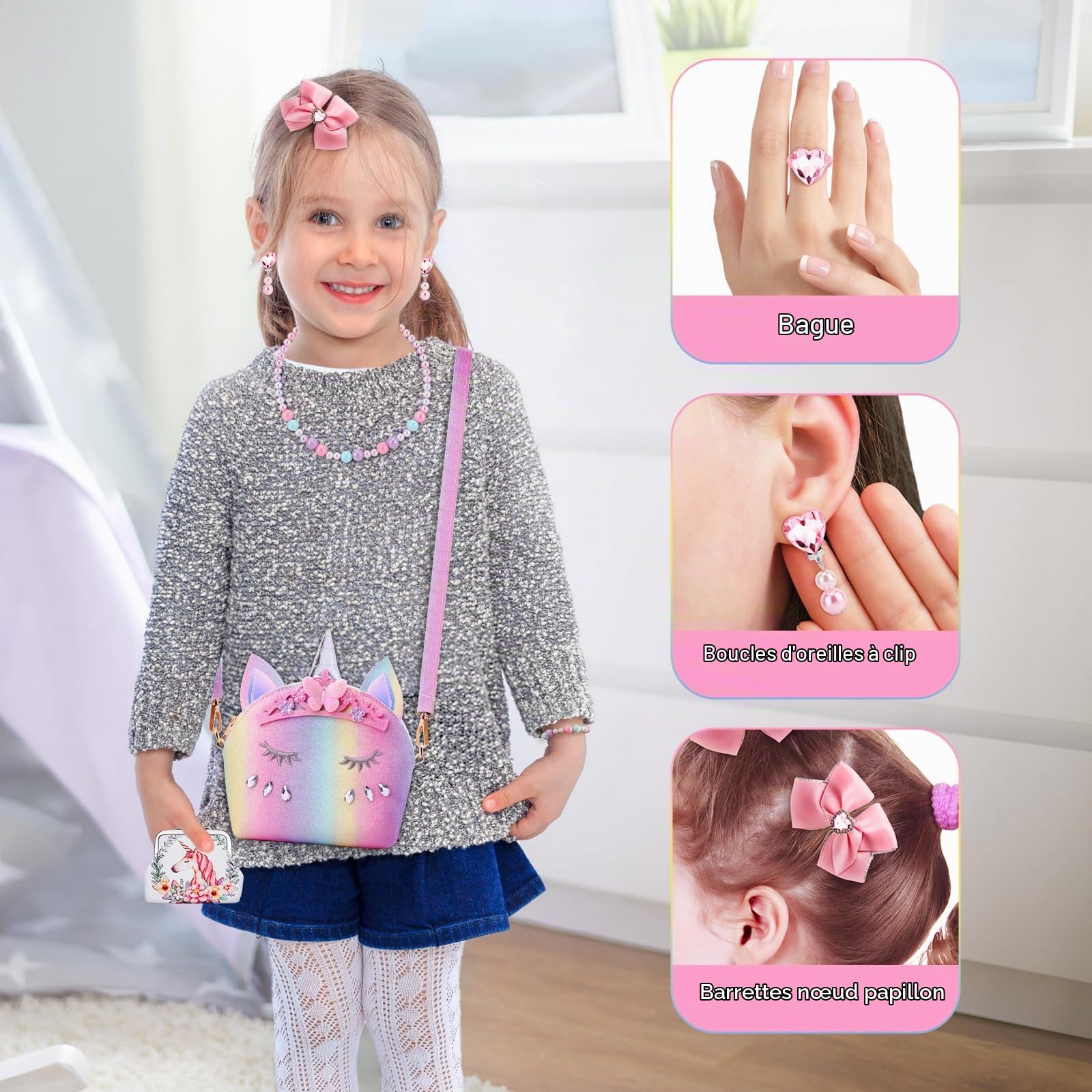JYPS Sac à Main Licorne pour Petites Filles, 7PCS Sac à Bandoulière Mignon pour Enfants avec Dress up Jewelry Set Faire Semblant Accessoires de Jeu, Cadeau d'anniversaire Licorne Cadeau Fille Jouet
