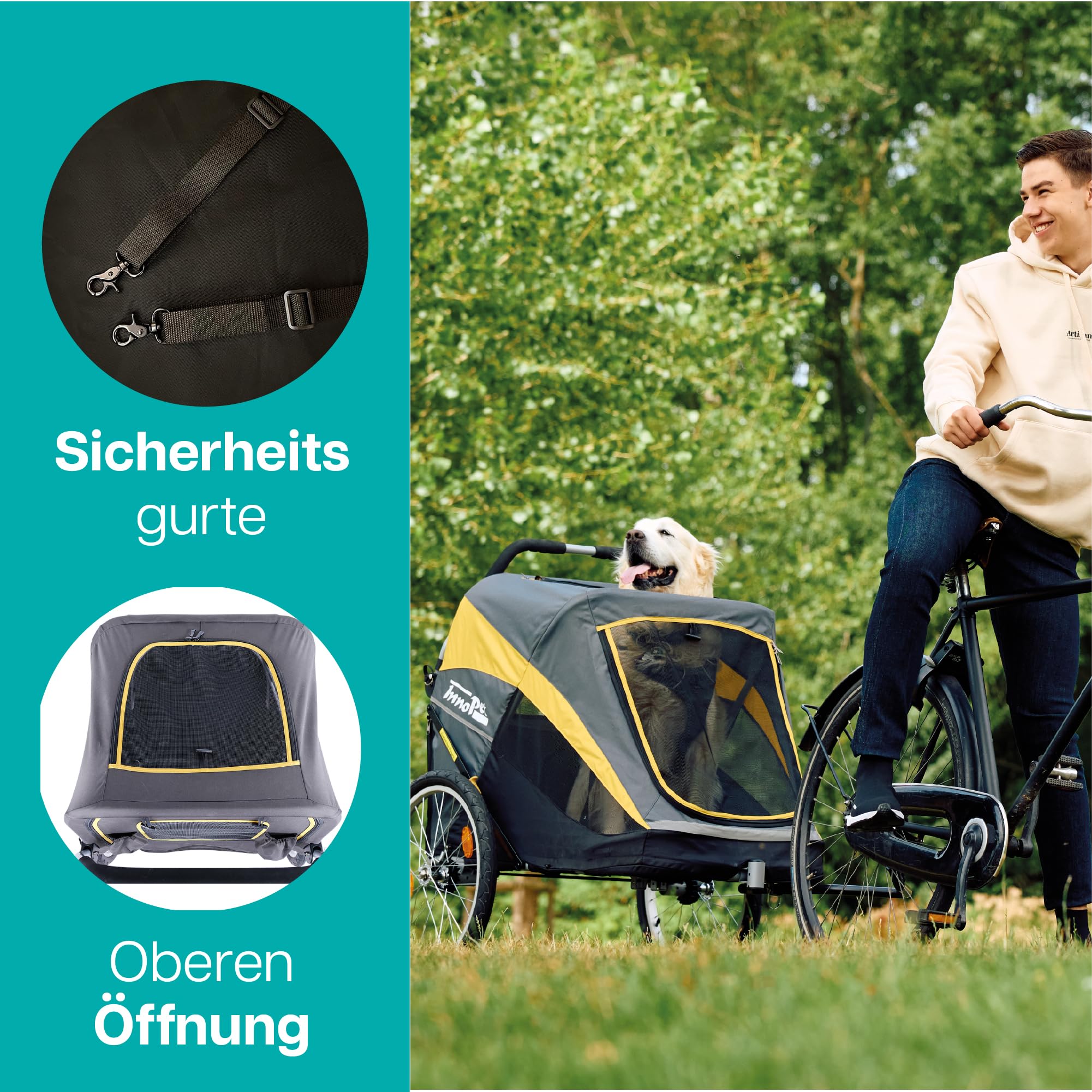 Großer Hundebuggy und Fahrradanhänger Trailer - Innopet Hercules Gelb/Grau - 2in1 mit Umbauset und Regenhaube - Leinen innen - Hundewagen bis 50kg belastbar - 45cm große hintere Luftreifen
