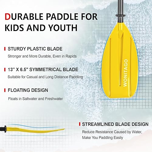 Miniatura 9 de Paletas de kayak para niños con eje de aluminio y hoja de polipropileno, remos flotantes de kayak para jóvenes y jóvenes, ajustables 64.2-72.0