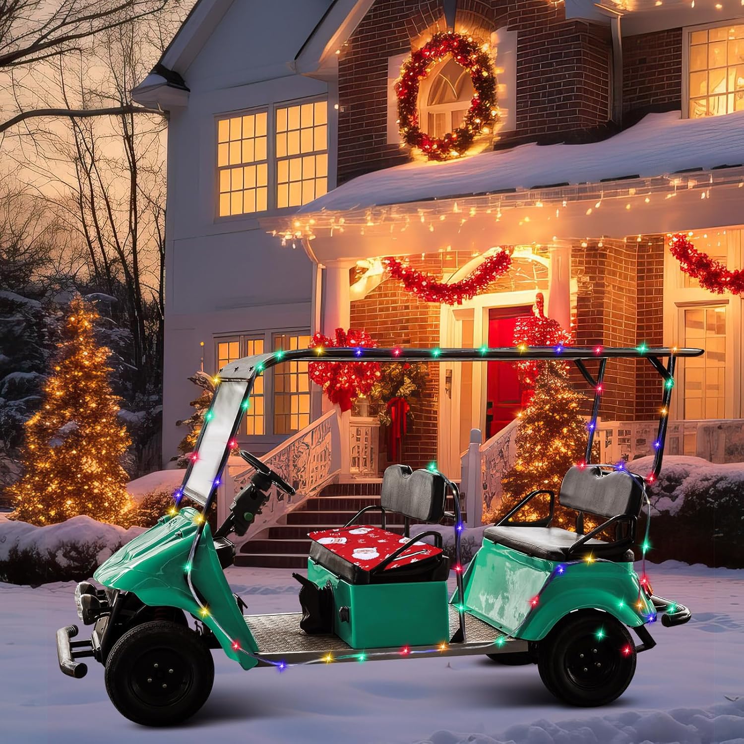 Cinnvoice 2 Pcs Christmas Golf Cart Decorations Christmas Golf Cart Seat Covers with Golf Cart Battery Operated String Lights Santa Blanket Golf Cart Accessories for Christmas Golf Cart Decorations