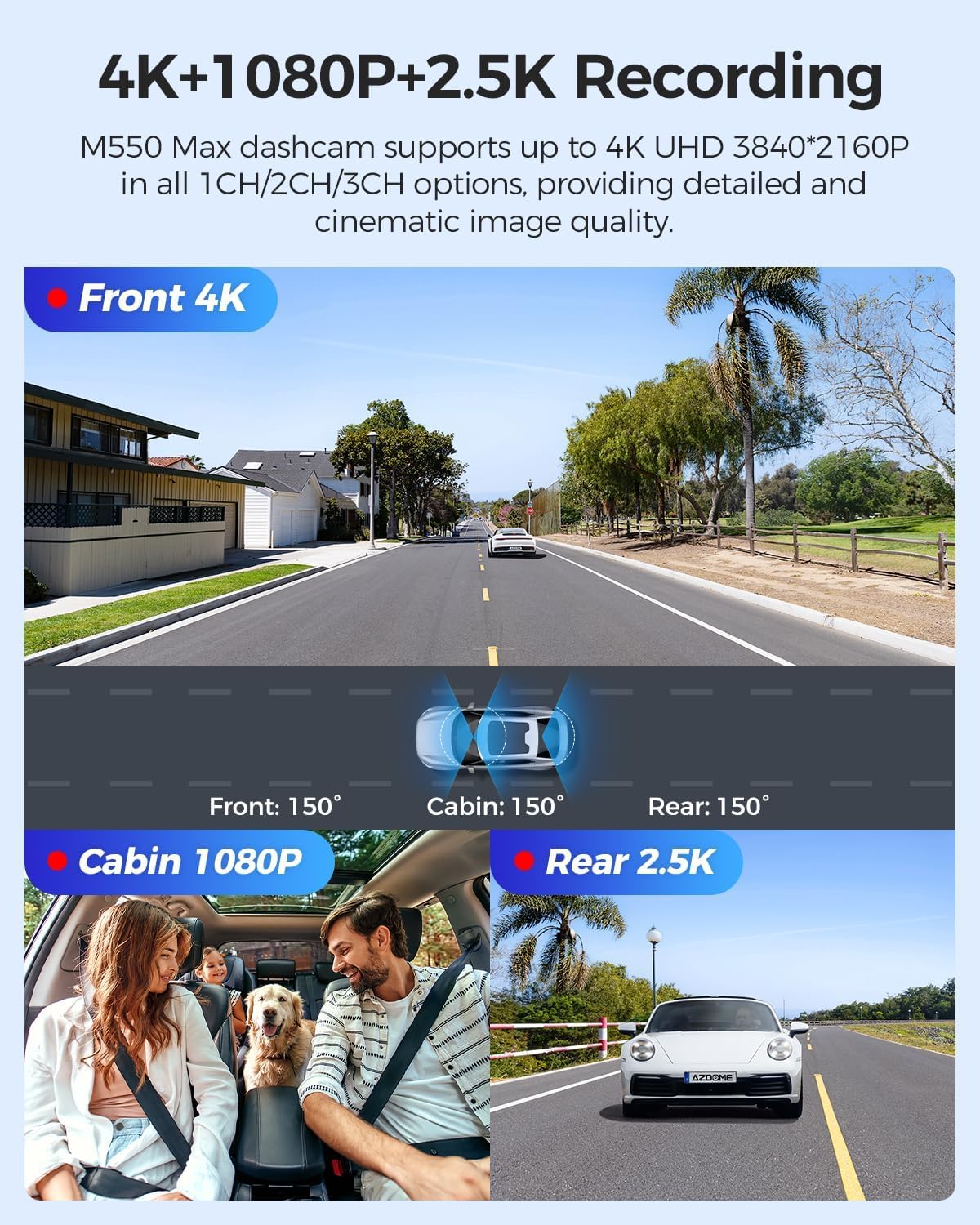 AZDOME M550 MAX Dash Cam 4K a 3 Canali, Telecamera Auto con GPS WiFi, Anteriore 4K + Interna 1080P + Posteriore 2.5K, Schermo IPS 3,19", Visione Notturna, SD 64GB