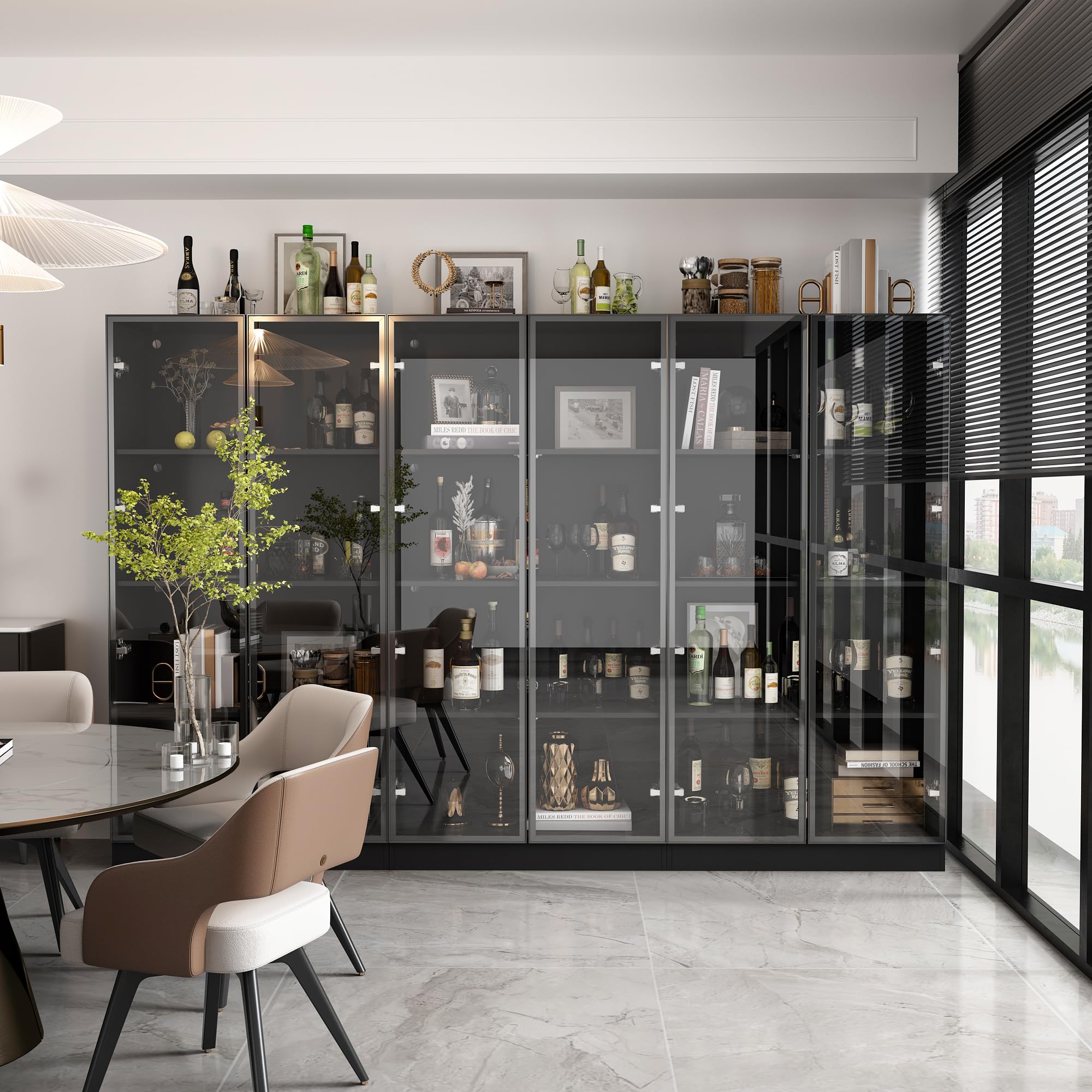 Vitrina de vidrio con iluminación LED, negra, vitrina de colección, diseño pop-up, vitrina con puerta de vidrio negro, 40 x 160 x 160 cm