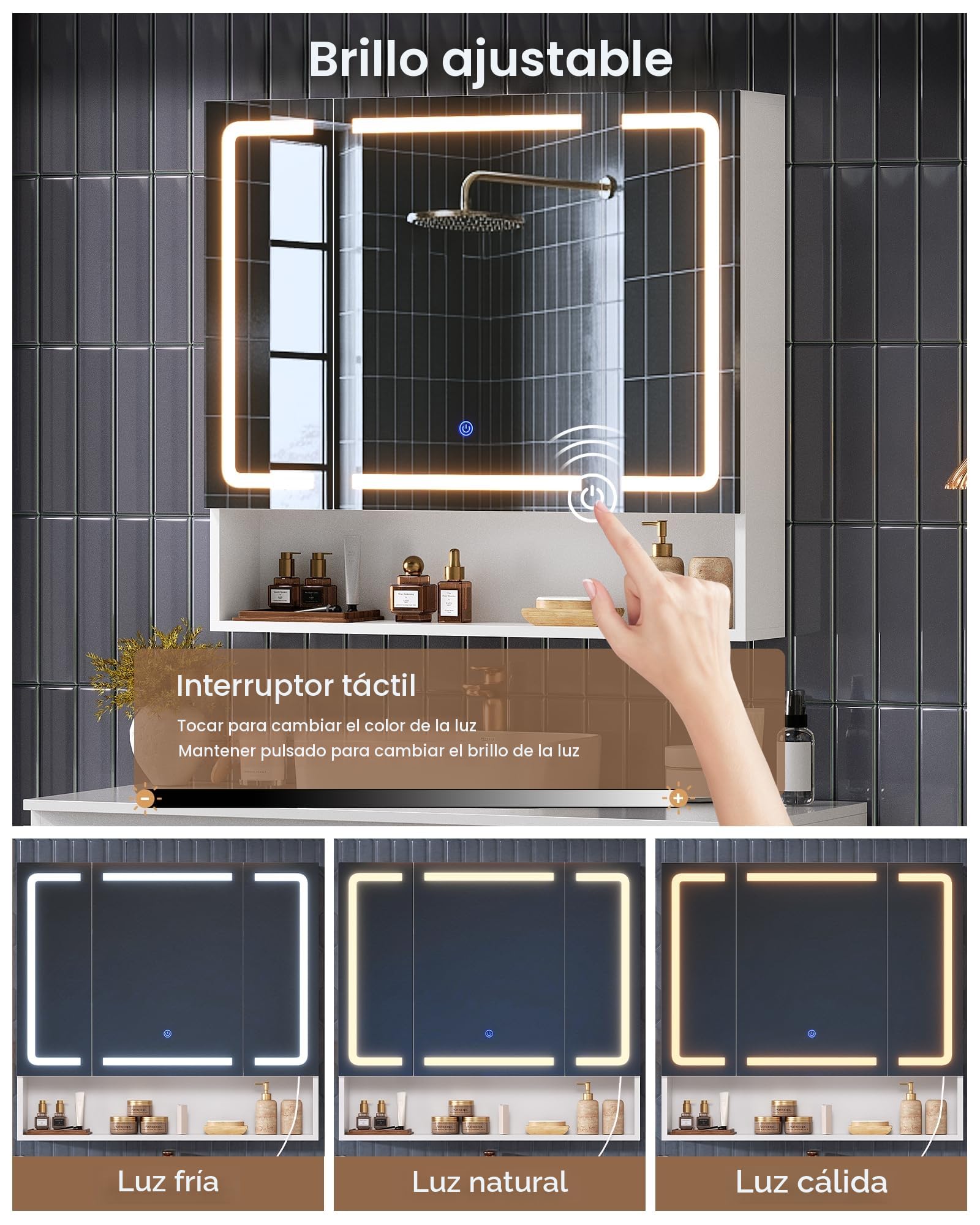 Armario con espejo, armario con espejo para baño con iluminación y enchufe, 3 puertas y estantes ajustables, 3 temperaturas de color regulables