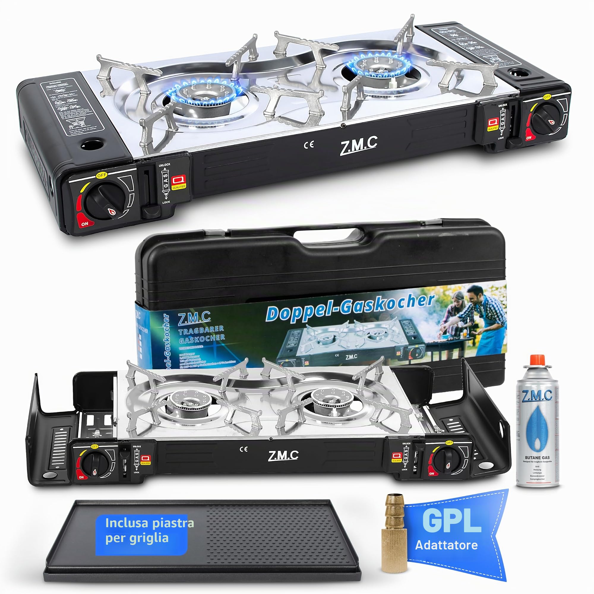 ZMC Fornello a Gas da Campeggio con 2 Faretti, Adattatore GPL, Valigetta di Stoccaggio e Ferro - Compatibile con Cartucce da 227 g